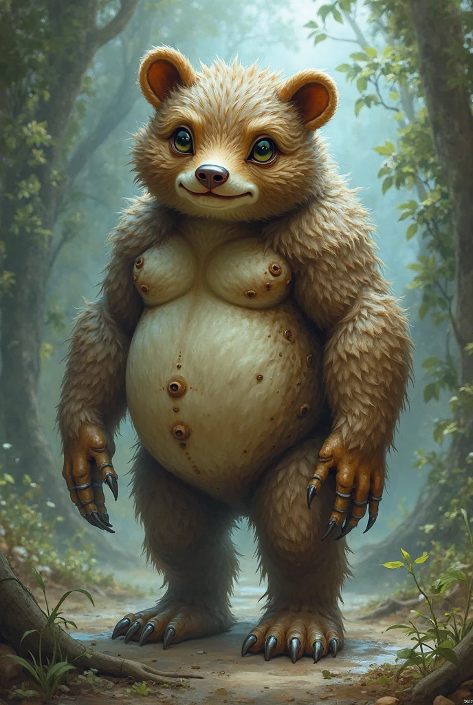 ultra-detailed, masterpiece, masterwork, high quality, best quality, hdr, nature, forest, nsfw, (solo), female, dragon, chibi, (red little body minotaur), (nude), (chubby body), (long golden hair), (yellow eyes), standing, front view, dynamic angle, (think penis, foreskin, detailed penis, perfect balls, flaccid), tits