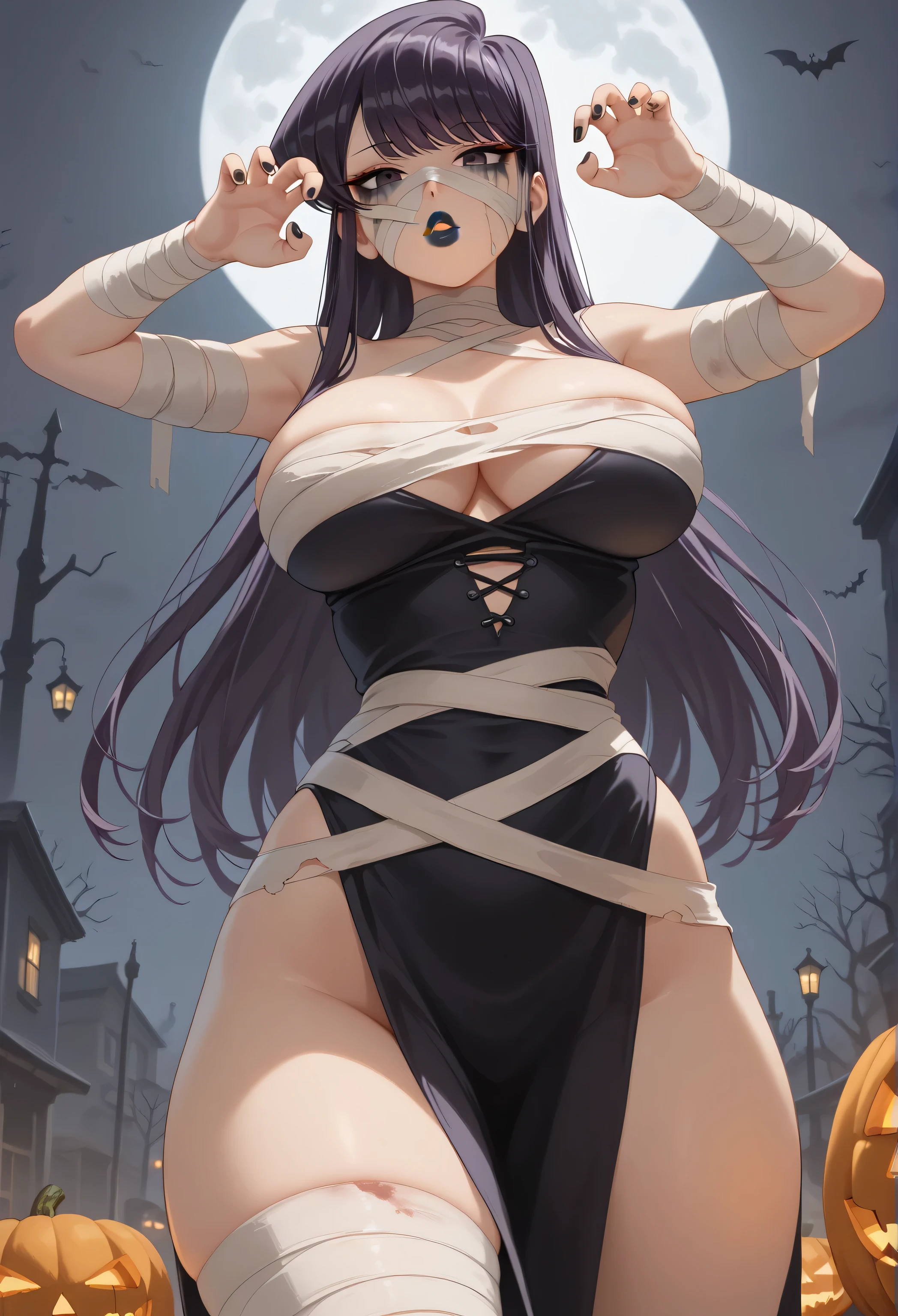 score_9, score_8_up, 1girl, Komi Shouko, solo, sexy goth girl, very pale-skinned female, long purple hair, heavy black mascara, black lipstick, black nail polish, >:d, large breasts, thin hips, curvy, mummy costume, bandages, halloween, halloween costume, bandaged arm, bandage on face, zombie pose, dramatic pose, from below, full moon,