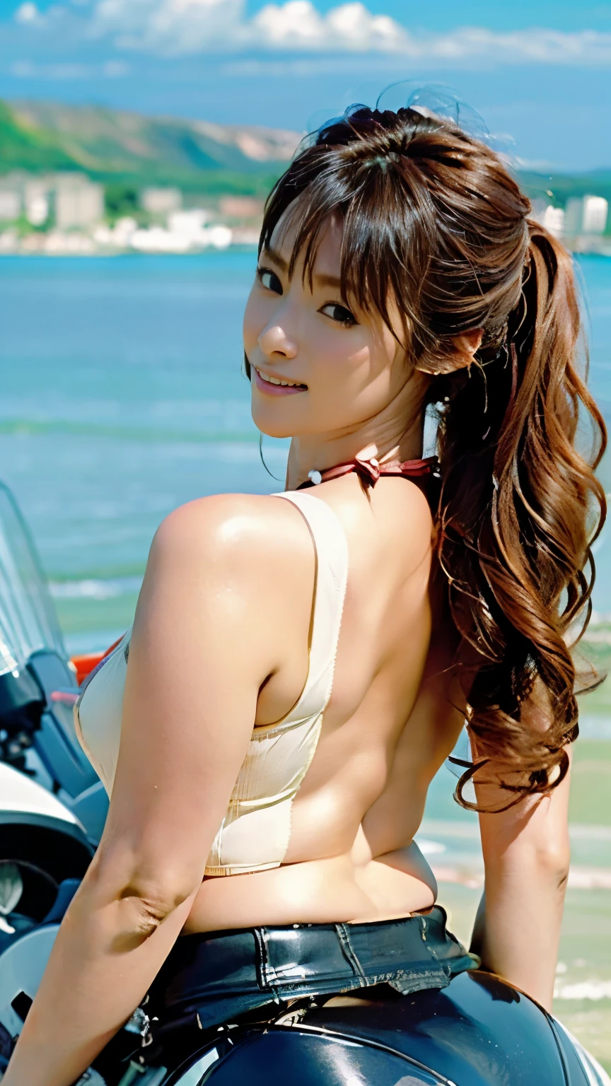 (((Flawless解剖学))),Image of a beautiful girl posing with one leg on the sidecar of a Harley-Davidson, her hair flowing and her chin raised, along the coast at sunset.,sound realistic bike,nice earrings and necklace,for motorcycles',Angle photo from behind ,She is wearing a white string bikini and a leather jacket leather skirt,realistic,Flawless,best image quality,professional angle of view,excellent details,ultra high resolution,realistic:1.4),high detail,focus on details,High concentration of 1girls,beautiful chestnut hair,Beautiful face with a delicate and high nose,Long limbs and slim waist like a model,White sneakers look great on your beautiful ankles,white skin is dazzling,