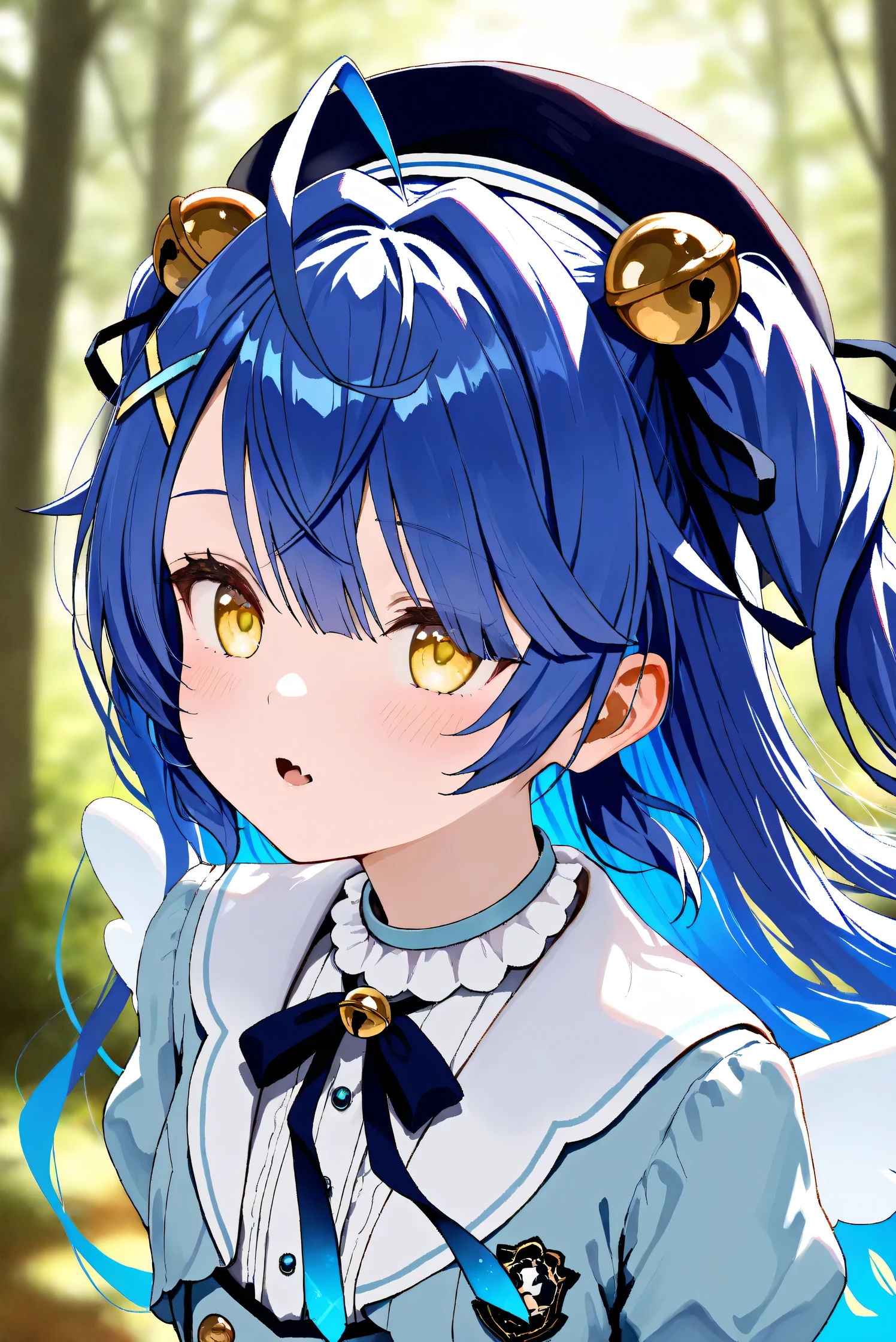 (Masterpiece), (Highest quality), (Very detailed),
(The best shape), (Best Shadow), (Absurd),
(Detailed background), (So beautiful), Shiny ,
Extraordinary, Countershading, 8k, 32K, High resolution, Beautiful eyes in every detail,
Very Detailed CG, UHD,
Score_9, Score_8_up, Score_7_up, Source_anime,
(Pastel painting:1.2), (Watercolor painting:1.2),
(Masterpiece, Detailed:1.2), (Foreshortening:1.2),
Cinematic, Dramatic, (Depth of field:1.4),
(Blurry background:1.4), (Realistic background:1.4),
(Foreshortening:1.3),Dynamic angle, 1 girl,
Outdoor, Nature, Wind, forest,
Amamiya Kokoro,
nijisanji, virtual youtuber,
akokoro, ribbon, hair bell, x hair ornament, two side up, skin fang,
beret, dress, blue dress, long sleeves, jingle bell, wings,
portrait, Focus on face, (close up shot:1.2),
(Blush:1.3), parted lips,
arms behind back,
Realistic skin, Shiny skin,