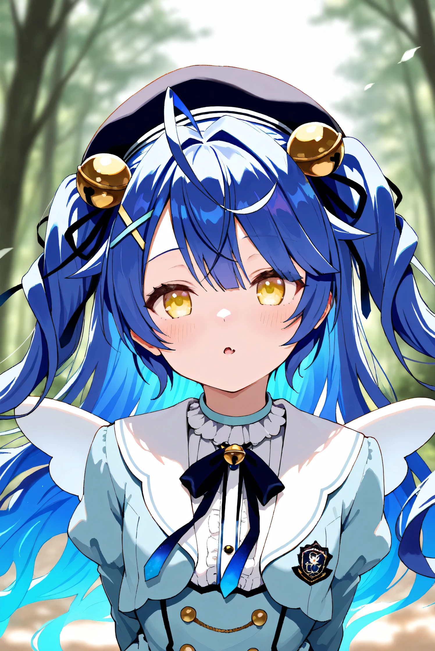 (Masterpiece), (Highest quality), (Very detailed),
(The best shape), (Best Shadow), (Absurd),
(Detailed background), (So beautiful), Shiny ,
Extraordinary, Countershading, 8k, 32K, High resolution, Beautiful eyes in every detail,
Very Detailed CG, UHD,
Score_9, Score_8_up, Score_7_up, Source_anime,
(Pastel painting:1.2), (Watercolor painting:1.2),
(Masterpiece, Detailed:1.2), (Foreshortening:1.2),
Cinematic, Dramatic, (Depth of field:1.4),
(Blurry background:1.4), (Realistic background:1.4),
(Foreshortening:1.3),Dynamic angle, 1 girl,
Outdoor, Nature, Wind, forest,
Amamiya Kokoro,
nijisanji, virtual youtuber,
akokoro, ribbon, hair bell, x hair ornament, two side up, skin fang,
beret, dress, blue dress, long sleeves, jingle bell, wings,
portrait, Focus on face, (close up shot:1.2),
(Blush:1.3), parted lips,
arms behind back,
Realistic skin, Shiny skin,