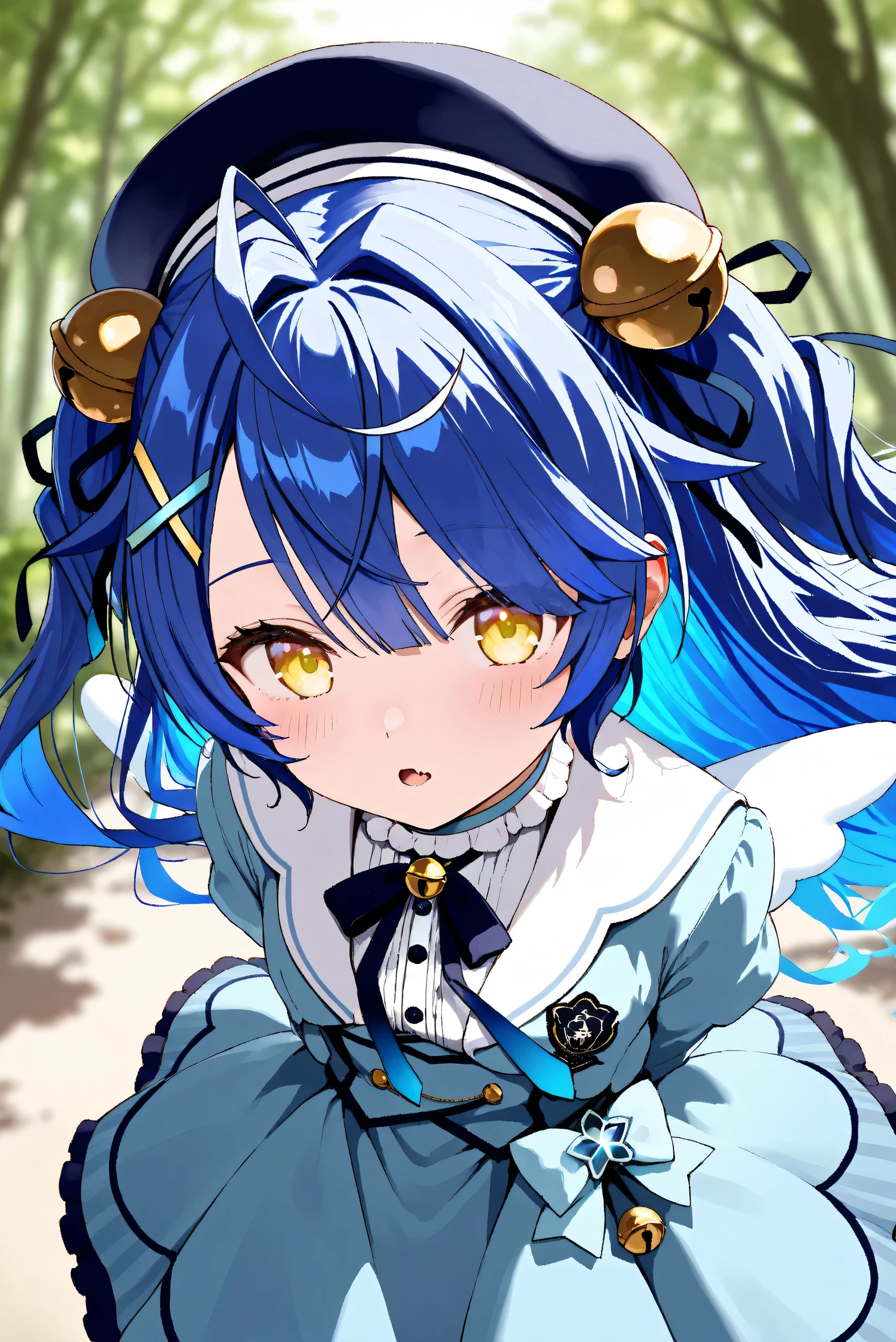 (Masterpiece), (Highest quality), (Very detailed),
(The best shape), (Best Shadow), (Absurd),
(Detailed background), (So beautiful), Shiny ,
Extraordinary, Countershading, 8k, 32K, High resolution, Beautiful eyes in every detail,
Very Detailed CG, UHD,
Score_9, Score_8_up, Score_7_up, Source_anime,
(Pastel painting:1.2), (Watercolor painting:1.2),
(Masterpiece, Detailed:1.2), (Foreshortening:1.2),
Cinematic, Dramatic, (Depth of field:1.4),
(Blurry background:1.4), (Realistic background:1.4),
(Foreshortening:1.3),Dynamic angle, 1 girl,
Outdoor, Nature, Wind, forest,
Amamiya Kokoro,
nijisanji, virtual youtuber,
akokoro, ribbon, hair bell, x hair ornament, two side up, skin fang,
beret, dress, blue dress, long sleeves, jingle bell, wings,
portrait, Focus on face, (close up shot:1.2),
(Blush:1.3), parted lips,
arms behind back,
Realistic skin, Shiny skin,