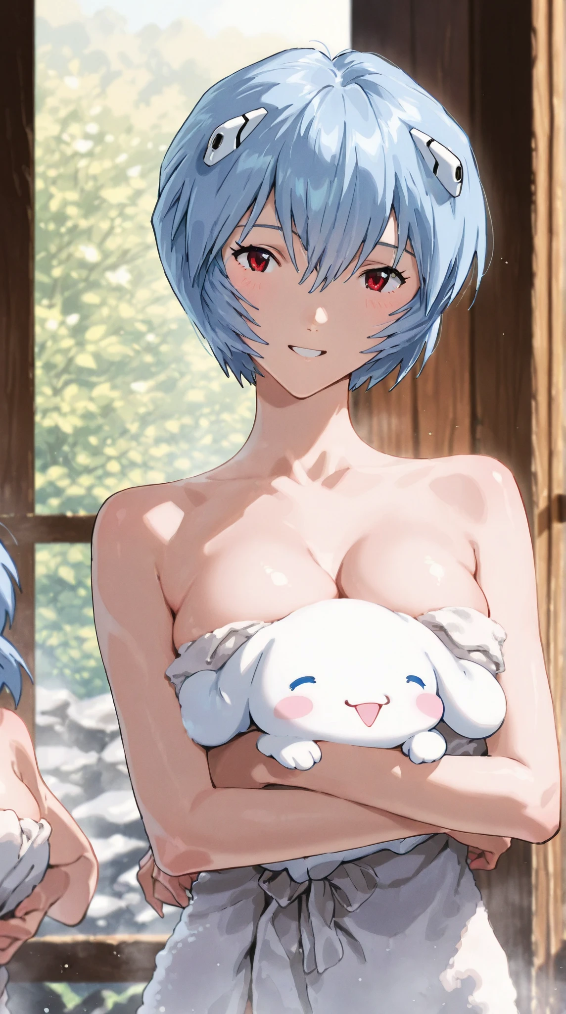 nsfw,masterpiece, best quality, ultra-detailed,Beautiful lighting, 8k,shiny skin, medium breasts, embarrassed,((snowy landscape,outdoors)), smile, open mouth, front view, akane, slingshot swimsuit blue one-piece swimsuit ,pubic hair,cupless bikini,crotchess bikini,open stance,double peace,pov,looking at viewer,