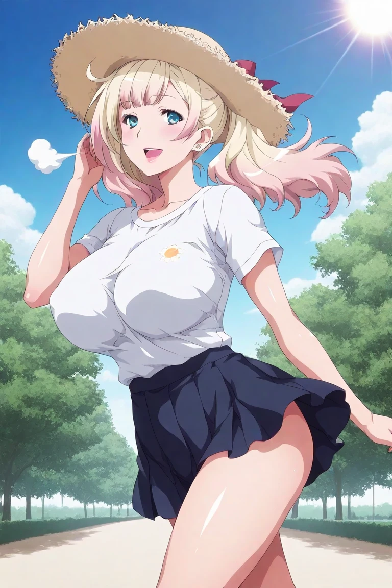 (melhor qualidade: 0.8) (nsfw), masterpiece_illustration, cameltoe, legs opened, sky_background, sharp_focus, , solo, adolescente, long_blond_hair, white_collar_polo_shirt, long_sleeves_pink_shirt_outer, white_short_skirt, pink_kitty_beanie, white_legwears, blue_eyes, big_breasts, sem brilho, underboob, lactation, wet