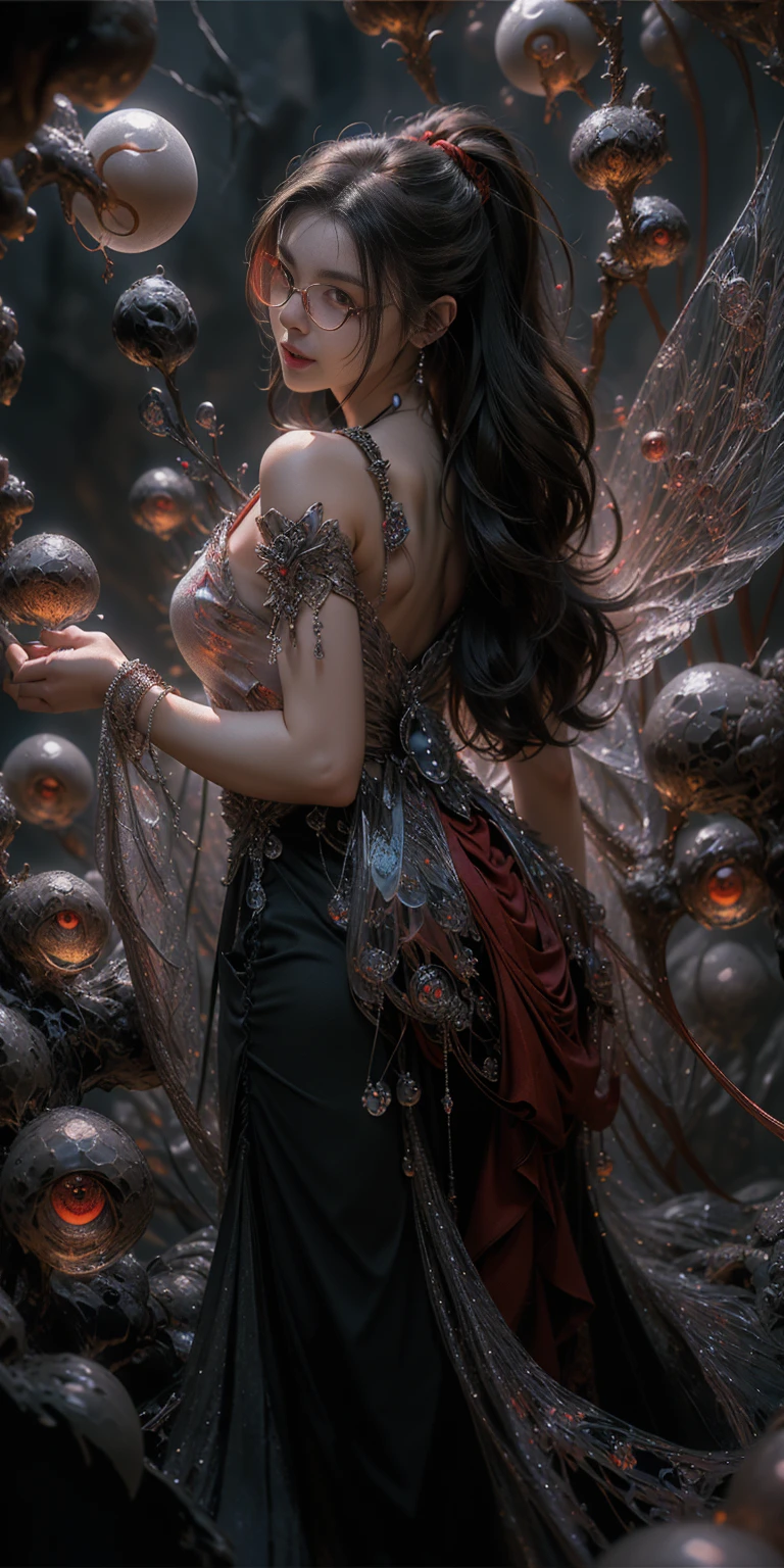 (Full Body of Extremely Detailed Dragon girl) with (Sparkling Red eyes)  Cyan hair in a high ponytail, liquid hair, flowers, (Huge dragon head) in background, 8K TopQuality UltraDetailed Masterpiece of Professional Photo, HDR ultra-fine painting, LifeLike rendering, extreme detail description, professional, Bright colors, bokeh, (Exposed Hourglass Body Shape)