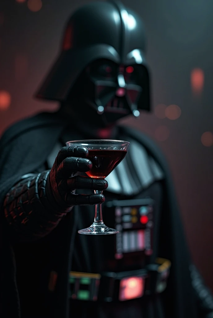 photo of (darth vader:1.3) in rose color, in the bar, with a whisky in the hand, night shot, high detailed suit