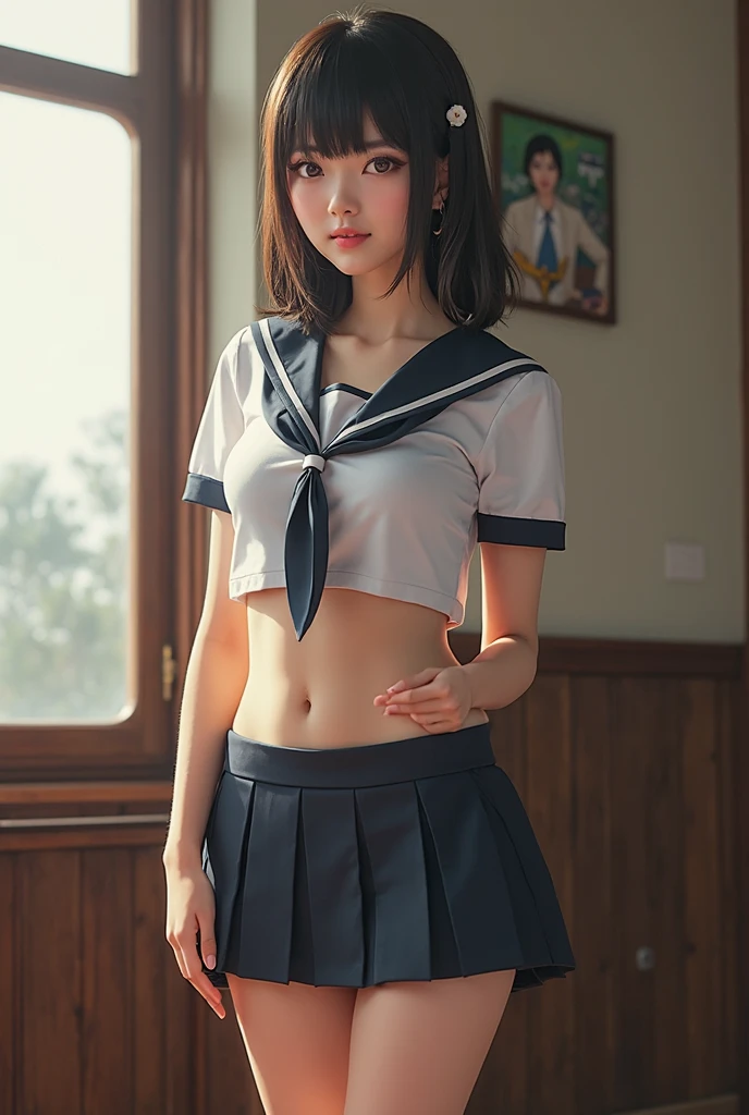 (best quality, 8k, 32k, masterpiece, UHD:1.2), (RAW photo), (realistic), (photorealistic:1.2), (high resolution), huge filesize, ultra-detailed, healthy skin, α7S III, serafuku,