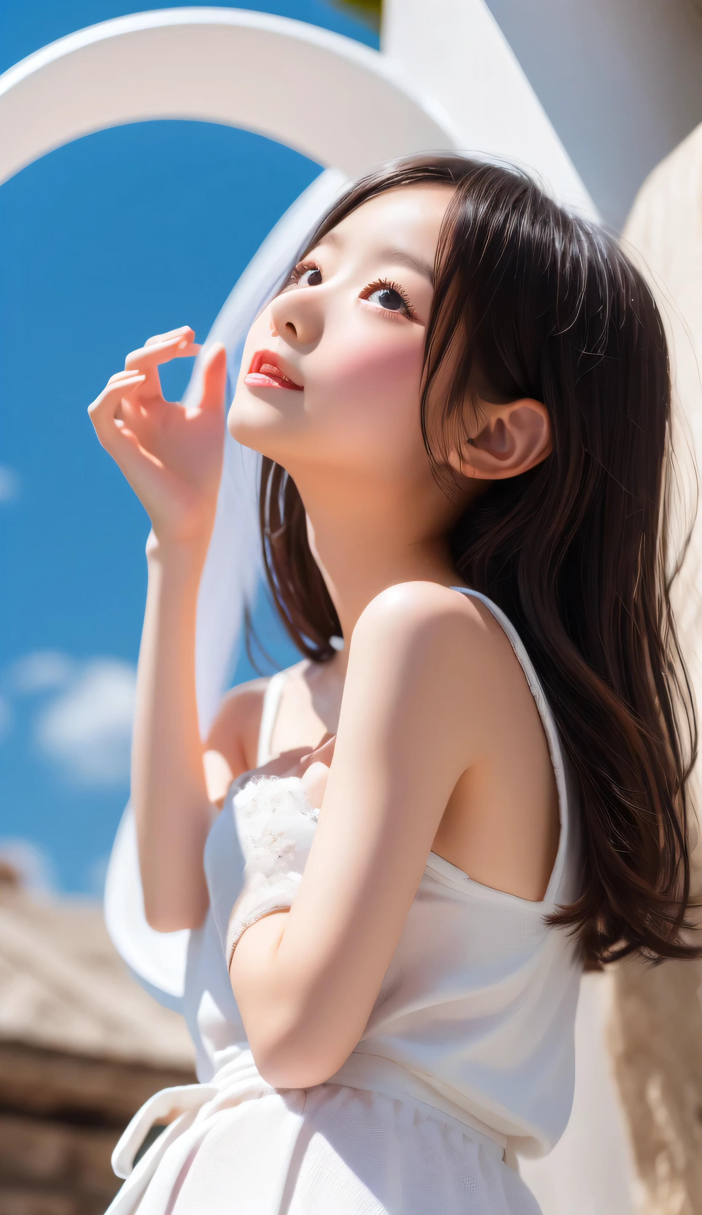 (8k, ultra-high resolution, highest quality, masterpiece:1.2), Masterpiece, best quality, illustration, ultra detailed, finely detailed, high resolution, 8k wallpaper, perfect dynamic composition, beautifully detailed eyes, (((She lifted her skirt with both hands to reveal her white panties))), Lots and lots of beautiful fluffy heart marks are falling in endless profusion from the beautiful sky, dazzling warm light. a cute anime-style chibi girl\(red eyes,white rabbit ears, wearing pretty white dress embroidered with shiny white silk, luxuriously braided long white hair, big black hair bow\) buried in Lots and lots of beautiful fluffy heart marks, looking up sky surprised and dazzlingly. Beautiful and warm sparkles shine gently, creating a sweet and kind and gentle atmosphere,longshot, at bottom beautiful text says"THANK YOU"