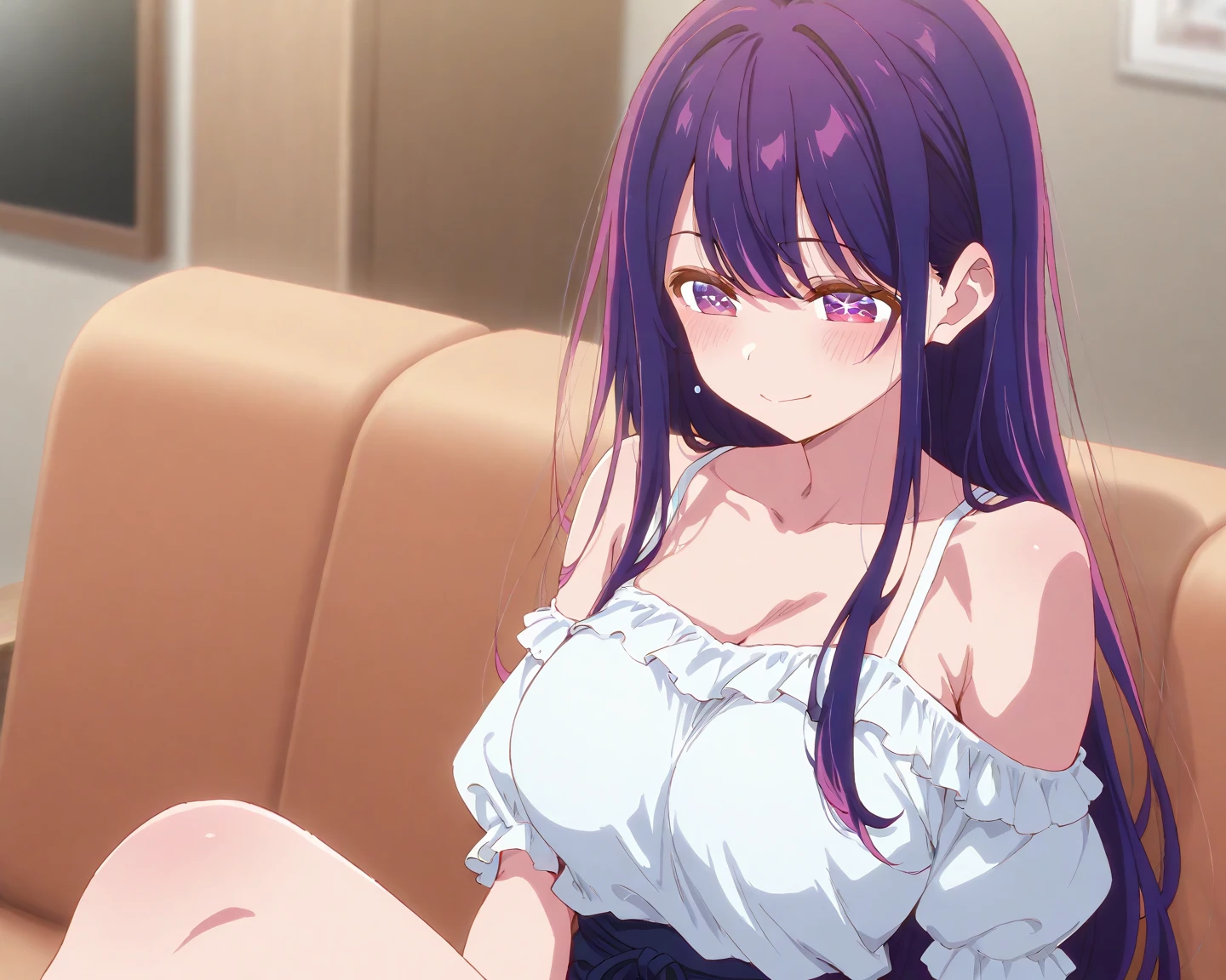 pov (from the front), Masterpiece, Best quality, night, window, light coming in, city view from the window, Ai Hoshino, 1 girl, alone, long hair, purple hair, purple eyes, star-shaped pupils six points, lingerie, black lace bra, black lace stockings and light, white shirt, wet shirt, open shirt, legs crossed, sitting, sitting on the bed, room, long_hair, closed mouth, big tits, looking at her own tits, wide thighs, medium hips, smile, makeup, embarrassed