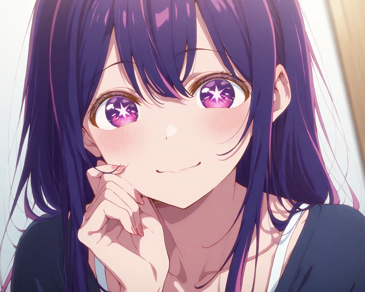 Anime girl with long hair and purple eyes, a picture inspired by Puru, Tumbler, conceptual art, Anime Best Girl, anime moe art style, クローズアップiwakura lain, Anime visuals of cute girls, Anime girl named Lucy, iwakura lain, Still from TV anime, anime still image, (Anime Girl)、(((barechested)))、A smile、Open your mouth、Ai Hoshino、(((a bed)))、(((fullnude)))、Colossal tits、(((anime styled)))、(((2D)))、erotic-expression
