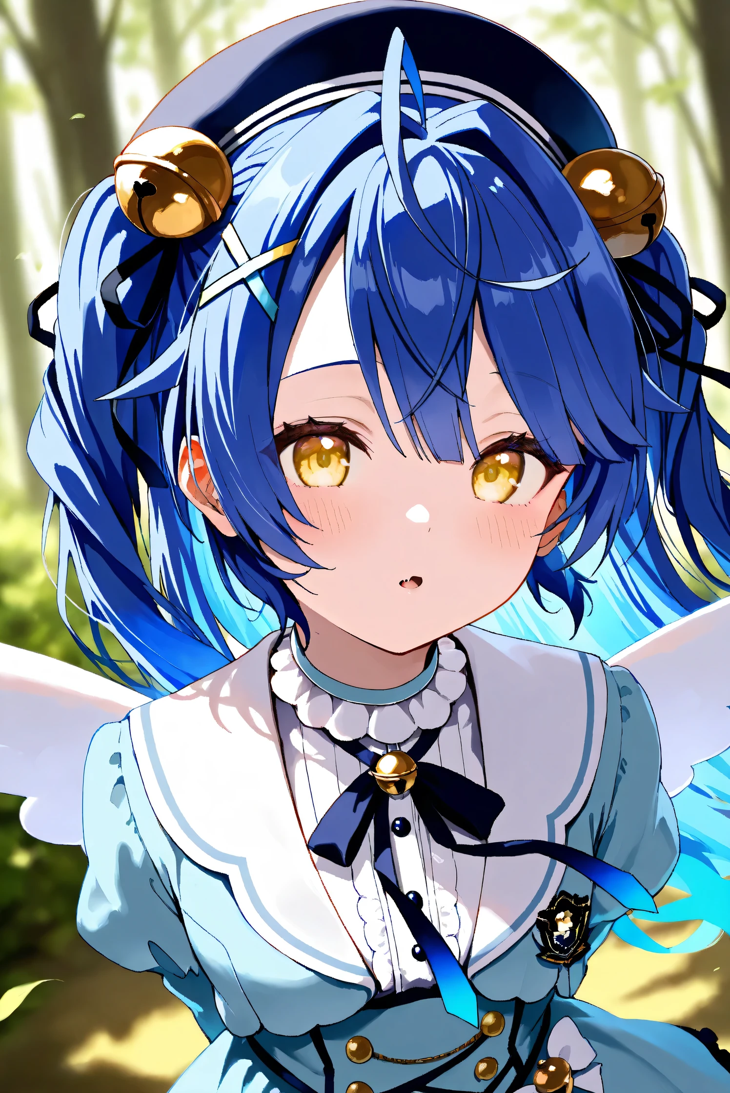 (Masterpiece), (Highest quality), (Very detailed),
(The best shape), (Best Shadow), (Absurd),
(Detailed background), (So beautiful), Shiny ,
Extraordinary, Countershading, 8k, 32K, High resolution, Beautiful eyes in every detail,
Very Detailed CG, UHD,
Score_9, Score_8_up, Score_7_up, Source_anime,
(Pastel painting:1.2), (Watercolor painting:1.2),
(Masterpiece, Detailed:1.2), (Foreshortening:1.2),
Cinematic, Dramatic, (Depth of field:1.4),
(Blurry background:1.4), (Realistic background:1.4),
(Foreshortening:1.3),Dynamic angle, 1 girl,
Outdoor, Nature, Wind, forest,
Amamiya Kokoro,
nijisanji, virtual youtuber,
akokoro, ribbon, hair bell, x hair ornament, two side up, skin fang,
beret, dress, blue dress, long sleeves, jingle bell, wings,
portrait, Focus on face, (close up shot:1.2),
(Blush:1.3), parted lips,
arms behind back,
Realistic skin, Shiny skin,