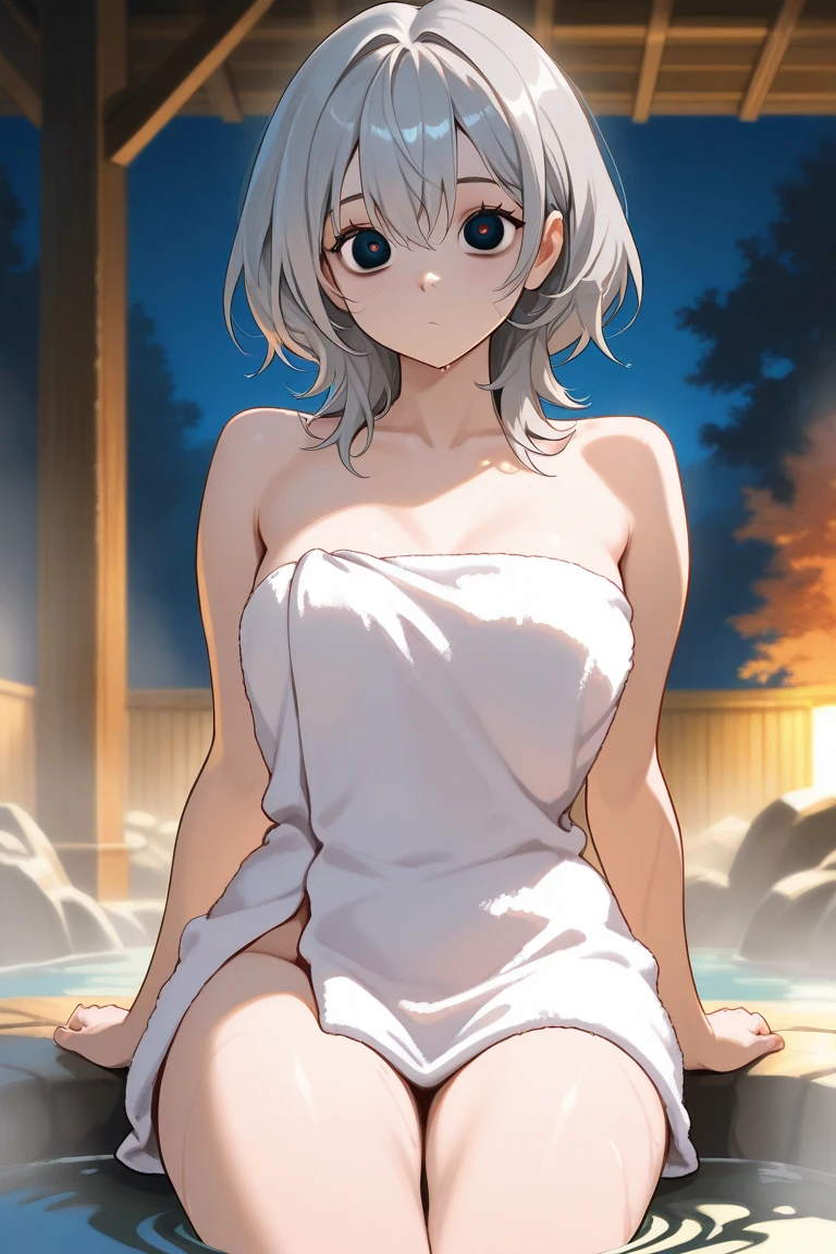 (((masterpiece))), (((best quality))), ((ultra-detailed)), (beautiful detailed eyes), , kiryuu shino, (1girl), (alone),bare shoulders, blush, clavicle , hand on chest, looking at viewer, naked towel, white hair, short hair, purple eyes, alone, towel, onsen, close-up, sitting, hot spring, embarrassed, seductive, small breasts, medium waist, medium hips, thighs wide