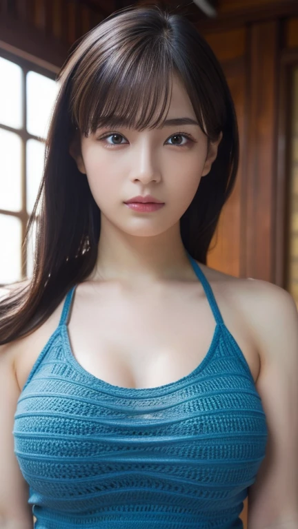 (masterpiece, highest quality:1.2), 8k, Absurd, (Upper Body:1.2), violet, Gardenia, beautiful girl, (Pretty face, Detailed face:1.2), (Crochet Halter Tank Top:1.2), View your audience, Film Grain, chromatic aberration, Sharp focus, High resolution, Face Light, (Simple Background, Dull Blue Background:1.3)