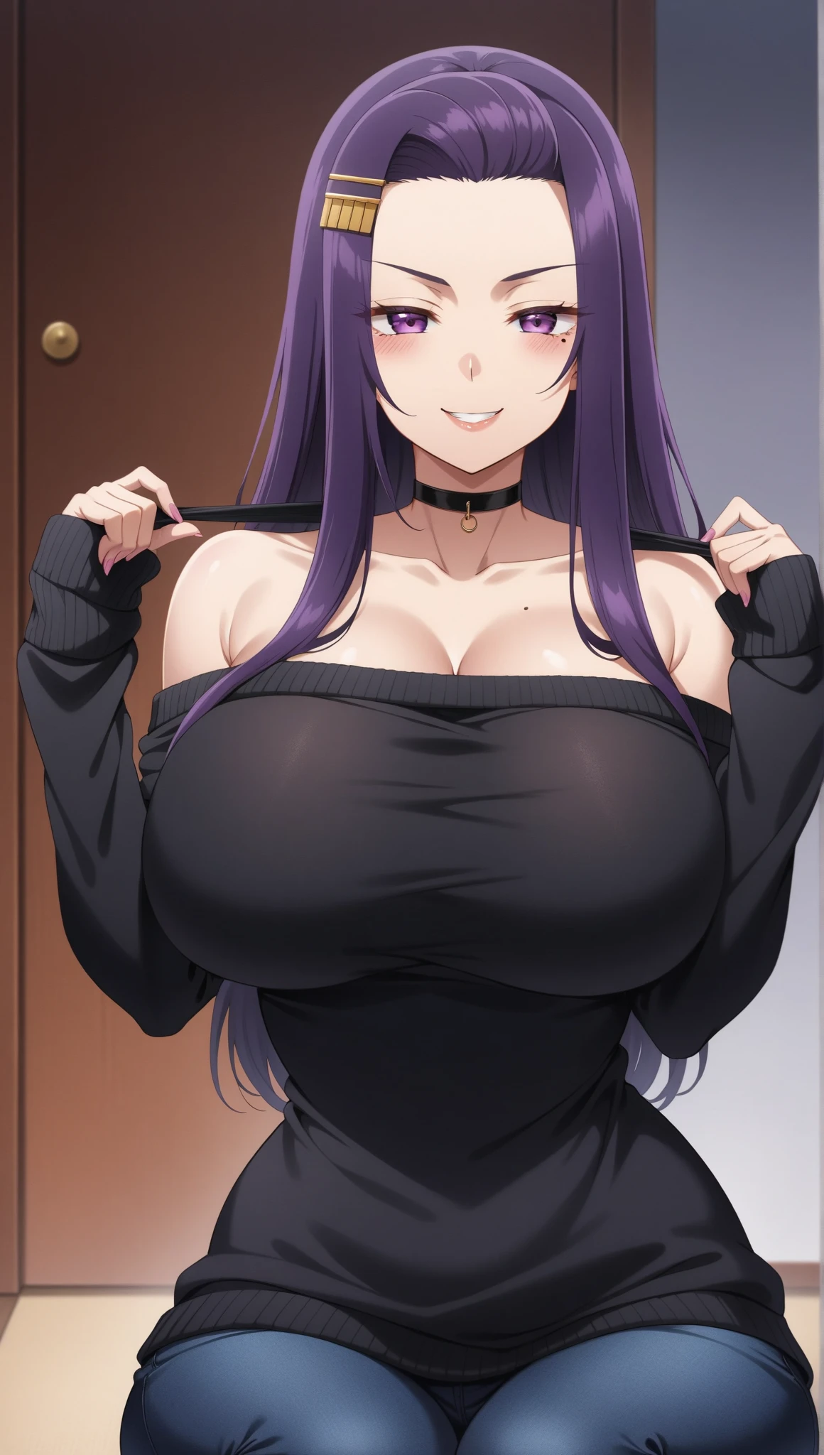 Photograph, Professional full-body, (detailed face and eye:1.4), purple eyes,deep cleavages, colorful, color photography of woman, (dark makeup), necklace, earrings, (dark lipstick), partered lips, sharp focus, focus on face, insanely sharp details, extremely detailed, gigantic breasts in frame, 4K HQ, 8K, depth of field, f/1.2, leica, 8K HDR, High contrast, highly retouch, shadows, bokeh, award winning photography, best photographers.