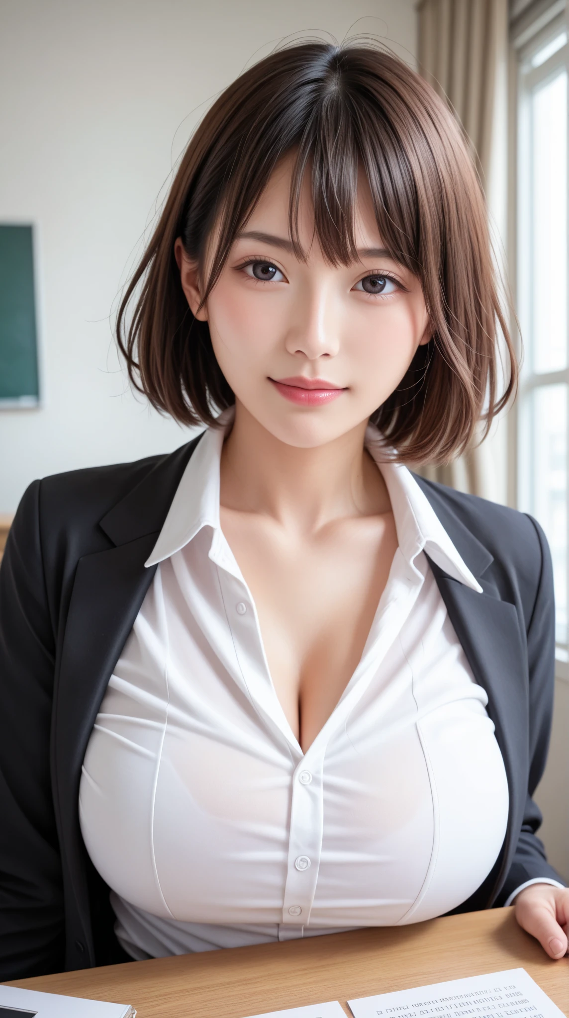 Close-up: A busty, plump female teacher is sitting in a chair in the classroom with her suit jacket open and her legs spread, seducing you. Emphasizing her cleavage. Miniskirt, pantyhose, ponytail.
