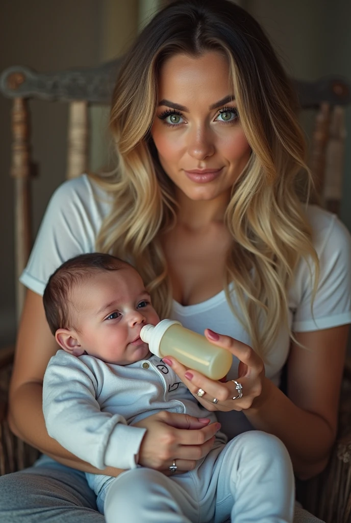 8 month old baby being fed healthy food by mother,baby portrait,beautiful detailed eyes, beautiful detailed lips, extremely detailed face, mother and , warm lighting, natural sunlight, soft focus, cinematic, vibrant colors, (best quality,4k,8k,highres,masterpiece:1.2),ultra-detailed,(realistic,photorealistic,photo-realistic:1.37),detailed background, tender moment, family, love, care, nourishment