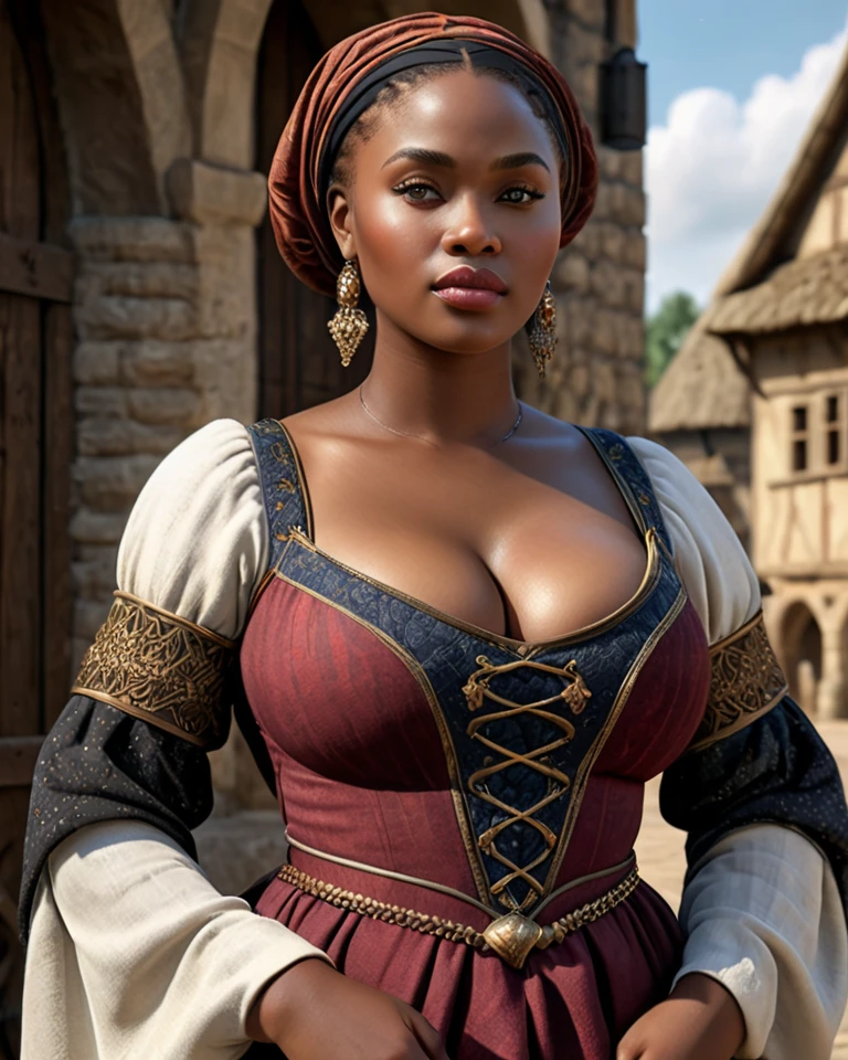 ((highest quality)), (tmasterpiece,A high resolution,best qualtiy:1.2),8K, (detailed), Perfect Face,high ponytail,dark skin, breasts, cleavage, dirndl, cowboy shot, indoors,No expression