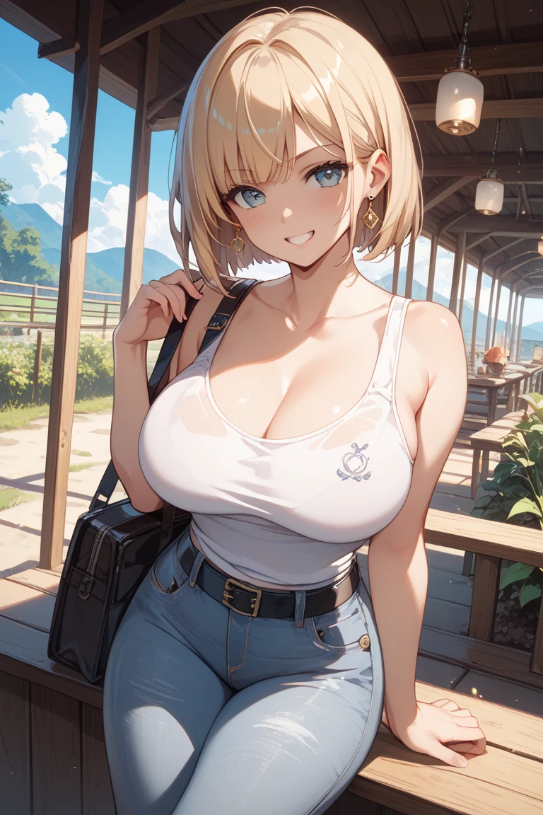 masterpiece, The best quality at the best., 1 girl, mito ikumi , big breasts,Off the shoulder clothing,Sexy servant,Is shy,smile,with blonde hair, long white hair, (blue eyeballs:1.4), forehead protection, The cherry trees,Flying cherry blossoms,gray clothes. big tits, bare and muscular abdomen. scantily clad, bare tits. fur. tender, neko kawai cat ears. Ahegao, scantily clad. Wearing a crop top that covers half of her , loose and big but short top, loose top half tits cover. Posing, shy. Sexy perfect female body. underboob, underboob, underboob. fur, fur, fur. Collar de cuero marron robusto de mascota ajustado al cuello. Piel morena bronceada oscura, piel morena bronceada oscura. Piel morena bronceada oscura