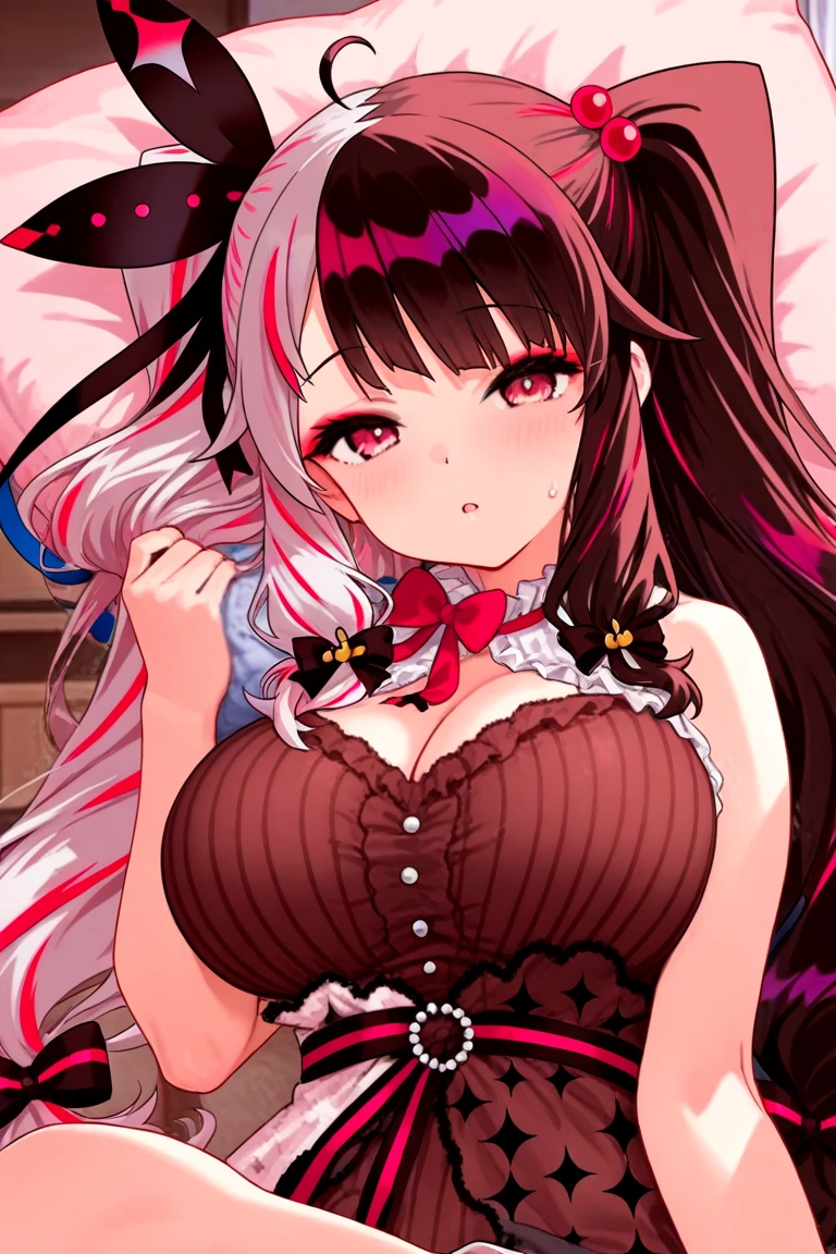 1 girl, solo, long hair, looking at viewer, blushing, smiling, bangs, big breasts, black hair, red eyes, animal ears, bitch, open mouth, tongue out, choker, cat ears, blunt bangs, nail polish, animal ear hair, sparkles, :3, night, black choker, \(sky\), starry sky, blowjob gesture,