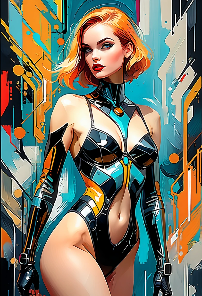 (highly detailed,cinematic lighting,dramatic colors,intricate machinery,futuristic technology,epic scale,moody atmosphere,sexy girl in scene, dark and gritty,masterpiece,best quality,8k,photorealistic,professional) (art inspired in Bill Sienkiewicz). oil painting)