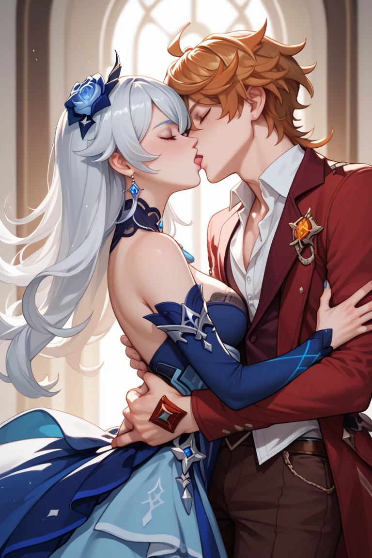 best quality, 4k, high resolution , anime girl , anime boy, young boy, tall boy, young girl, 24 years old, bangs, long hair, relaxed face, perfect shot, perfect anatomy, detailed face, detailed eyes, snowy background , cabin , tall girl , 1girl, 1boy, realistic, 4k , masterpiece , ilustration, digital art, full body, morgan le fay, fate grand order, sitting , chimney, fur rug, sofa, morgan le fay sitting with zhongli, kiss, kissing, 1boy , zhongli, genshin impact, eyes close