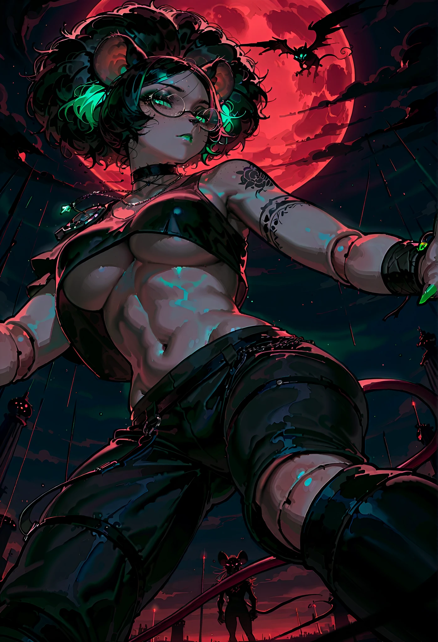 masterpiece, best quality, amazing quality, very aesthetic, absurdres, scenery, depth of field, cinematic, cinematic lighting, cinematic shadows, cinematic composition, atmospheric lights, artist:(wlop:0.8), (reoen, shixuexiao:0.5), (rei \(sanbonzakura\):0.9), (maccha (mochancc):1.1), 1girl, (really curvy, very cute), glowing eyes, black Goth crop top, black Goth cargo pants, underboob, solo, neon_silhouette_style, silhouette, monochrome, upper body, squinting eyes, dynamic angle, from below, (foreshortening:1.3), dynamic pose, flying skulls, crows, night, outdoors, gradient red moon, gradient sky, clouds, blurry, chromatic aberration, glitch, colored lighting,(Tall Mature Voluptuous furry rat), (black big curly afro with green highlights), (Green streaks in hair), (green eyes), (black choker), (black leather bracelets), (Black Rose Tattoo on right shoulder), (Silver necklace with a green jade skull trinket), (green nail polish), (Long curvy fit legs), (freckles on face), (freckles on shoulder), (Dark Grey lipstick), (rat ears), (black ears, pink inside), (chipped right ear), (white sclera), (rat nose), (rat tail), (anatomically correct rat whiskers), (goth makeup), (plump kissable cupid lips), (half open tired eyes), (glasses), 8k, Persona Art Style, perfect detailed face, Fit upper body, Fit muscular arms, detailed muscles, Tomboy muscle build, detailed eyes, perfect detailed hands, accurate detailed doll joints, detailed thigh doll joints, detailed doll joints, detailed doll neck joint, detailed lips, 80's comics, cute, 80'sアニメーション、score_9, score_8_up, score_7_up, (One) elegant, cute rat-like facial features, anthro, anthropomorphic face, sharp rat claws, fierce eyes, full anthropomorphic body, legs cross, accurate rat hands and fingers, Sorrowful Expression, back turned to viewer, wounded, dying, standing in the rain, raining hard, dark clouds, drenched in rain, Depressed pose, blood soaked hands, hands dripping blood, blood all over body,