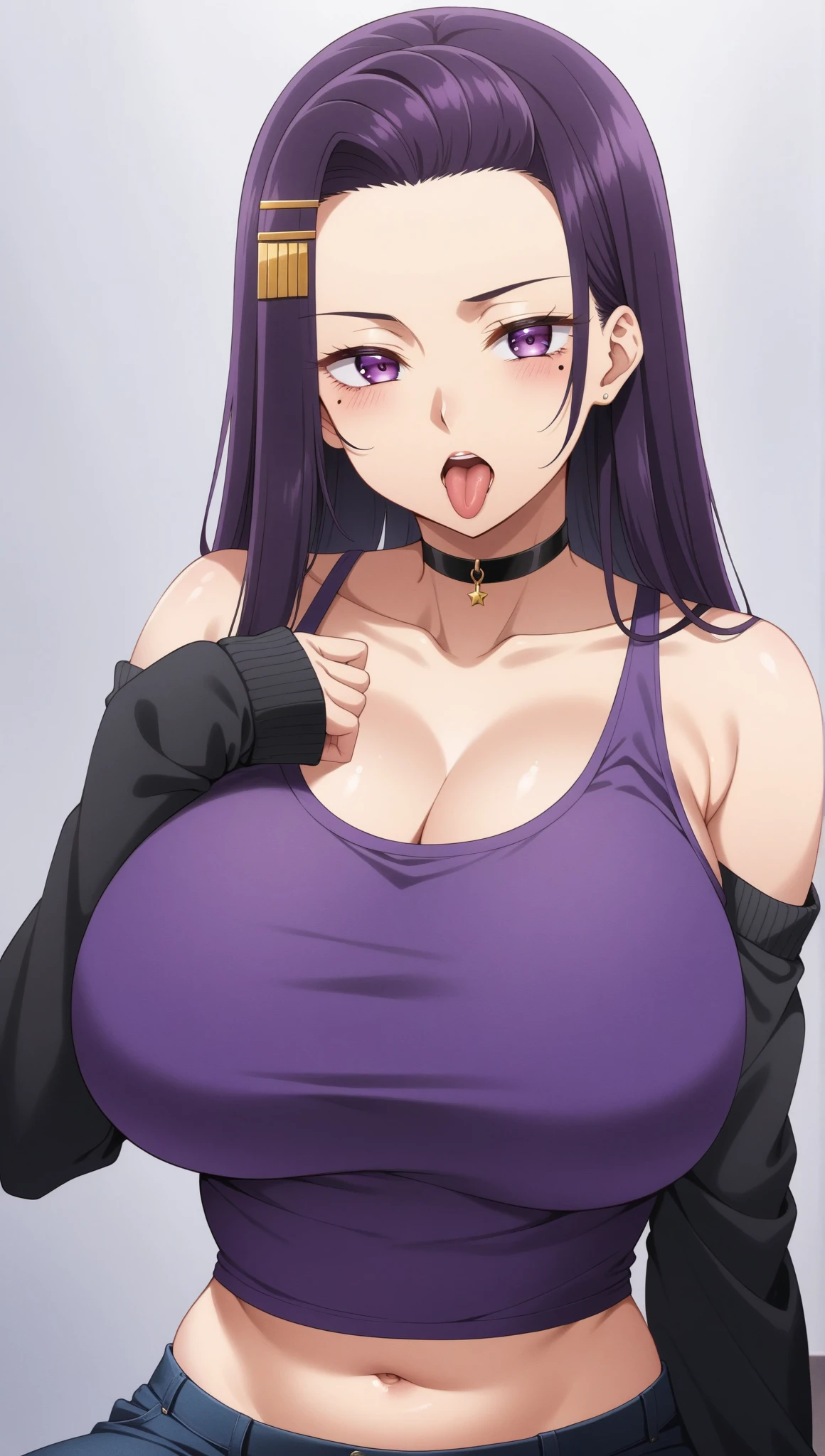 1 milf, purple and slightly black hair, wearing a black bikini, cynical look, angry face, white background, sex scene with guy