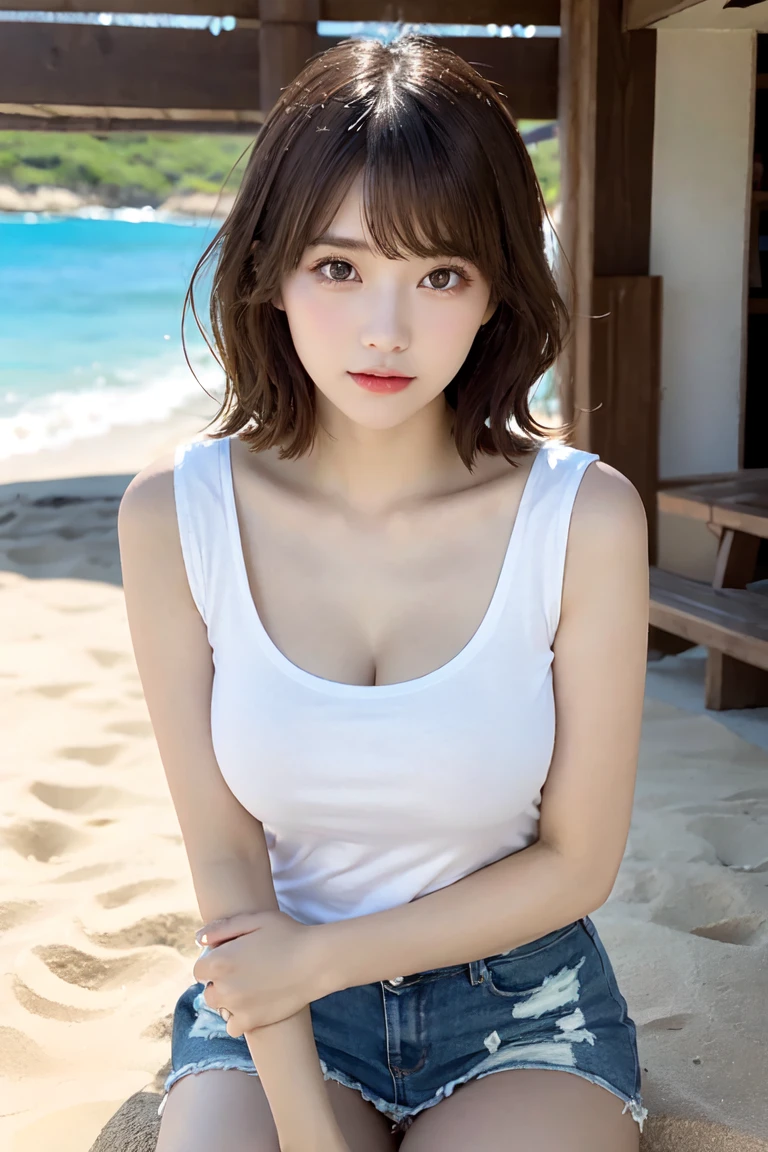 (masterpiece:1.3), (16k, photorealistic, RAW photo, best quality: 1.4),absurdres, attractive, ultra high resolution, ultra realistic, highly detailed, golden ratio, ultra detailed, super fucking beautiful detailed face, natural makeup, detailed cloth texture, detailed hair texture, beautiful detailed fullbody, Perfect female body, accurate, Anatomically correct, Highly detailed face and skin texture, (beautiful hands), (realistic skin), (beautiful pale skin:1.1), (beautiful large breasts, cleavage, upper breasts:1.3), (Perfect dynamic composition, looking at viewer, full body shot), ((leaning forward, hands on knees, Seductive poses:1.3)), 
BREAK, 
realistic eyes, beautiful detailed eyes, symmetric eyes, Light Brown eyes, Double eyelids, Thin eyebrows, (Glossy lips:1.4), ((A face with waiting for a kiss, Seductive smile:1.2)), (weat skin, blush:1.1), 
BREAK, 
((short hair, bob, Dark blonde hair, bangs:1.2)), (big sister in the Beach, Beach volleyball uniform:1.3)