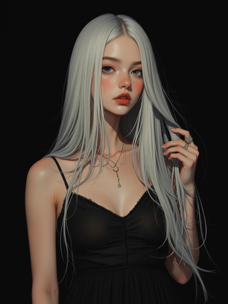 (((1 girl)),ray tracing,(dim lighting),[detailed background (bedroom)),((silver hair)),((silver hair)),(Fluffy silver hair, plump and slender girl))) with high ponytail))) Avoid golden eyes in the ominous bedroom ((((Girl wears a white shirt, black wrinkled skirt with black transparent pantyhose), showing a delicate slim figure and graceful curves, correct limbs, sitting on the bed with hands behind her head, Put both hands behind your head