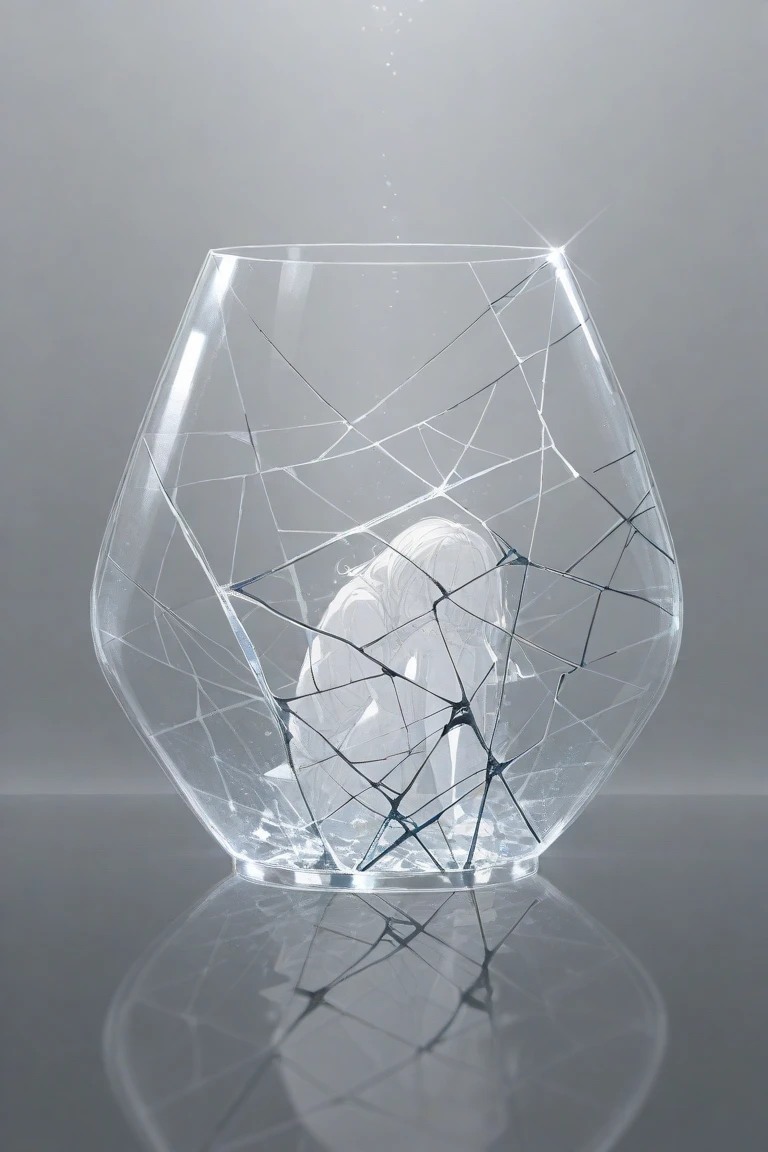 The glass is cracked all over. There are cracks all over the illustration、girl