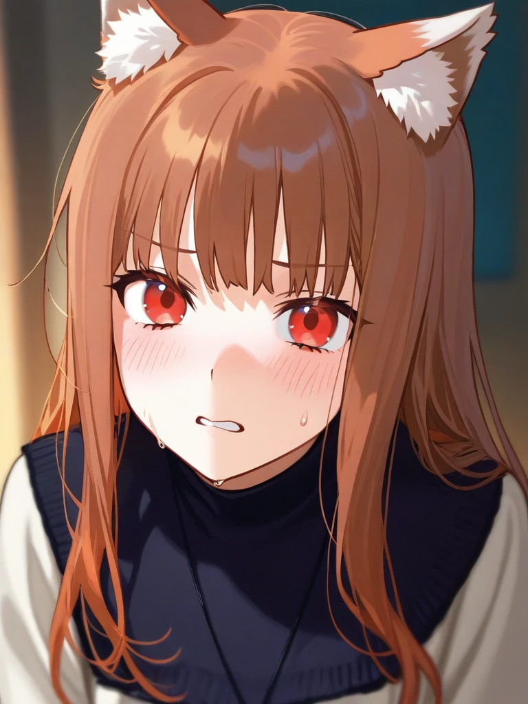 Score_9, Score_8_up, Score_7_up, Score_6_up, Score_5_up, Score_4_up, source_real, 1girl, anime style, anime screencap, holo, brown hair,long hair,red eyes, wolf girl,wolf ear,wolf tail, pussy juice, cute, kawaii, excited, horny, heavy breathing, cum on mouth, cumdrip, happy
