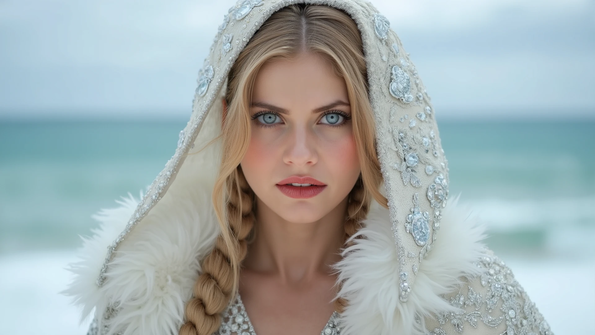 A fiercely proud etheric woman stands, her presence exuding unwavering strength. Her blonde braids cascade down her back, framing a face marked by determination and resilience. This stunning portrait captures her piercing blue eyes, reflecting the icy landscapes of pacific ocean beach with palms and white sand. The intricate details of her fairy white dress and fur-lined cloak speak of her enchanting woman spirit. This high-quality painting seamlessly combines power and grace, drawing the viewer into the captivating story of a fierce pacific ocean princess. playful body manipulations, divine proportion, non-douche smile, gaze into the camera, holographic shimmer, whimsical lighting, enchanted ambiance, soft textures, imaginative artwork, ethereal glow, silent Luminescence, whispering Silent, iridescent Encounter, vibrant background, full body, (((rule of thirds))), high quality, high detail, high resolution, (bokeh:2), backlight, long exposure:2