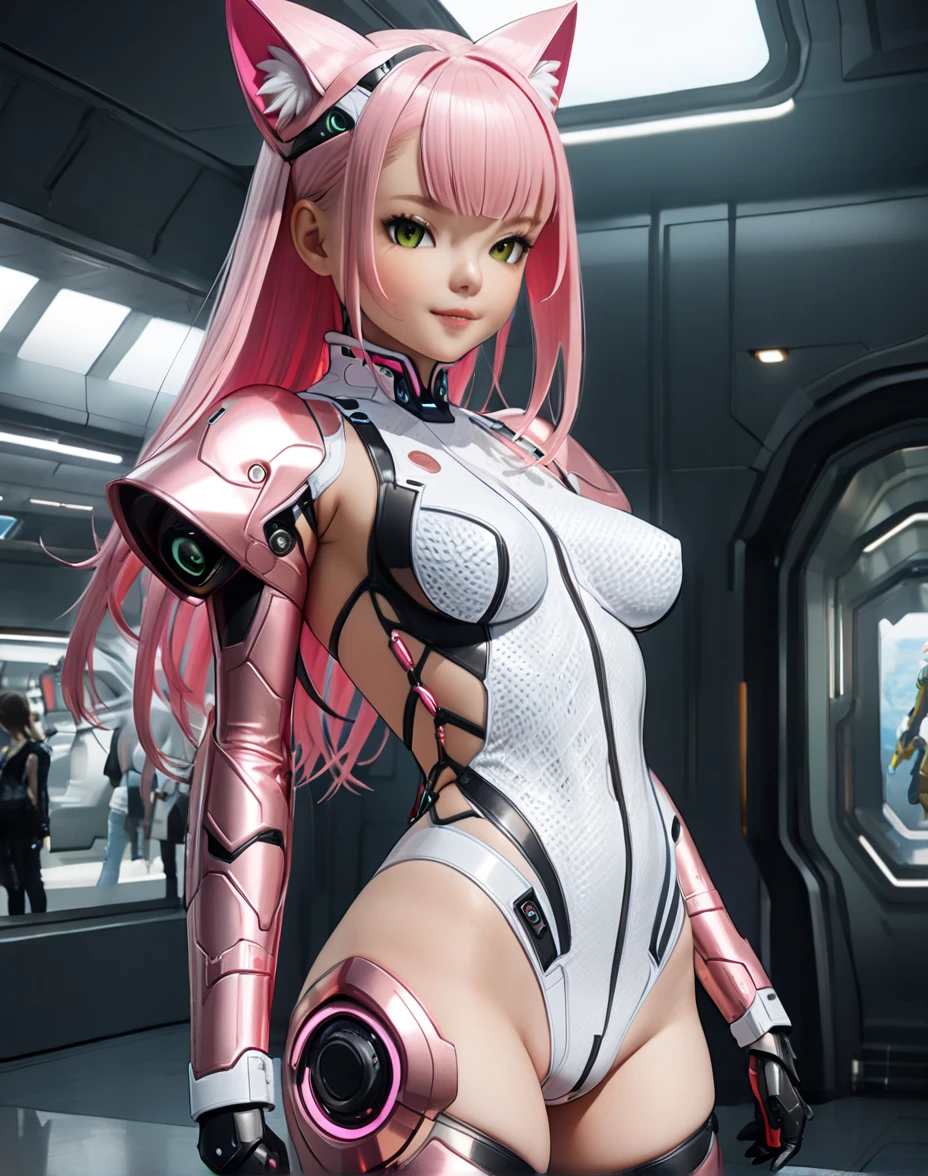 18year old, ((top-quality)), ((masterpiece)), (high-detail:1.3), (upper body), (((front view))), Beautiful face (cyberpunked:1.3), ((Stylish woman in pink rubber suit)), (((tiny breastsim waist, small buttocks, (Japauty), superfine illustration, (long blue hair with bangs and twintails), (no bra!), ((barechested!), ((nipple is visible!)), nties!), (pubic area is vi, swimming pool!, ((cyborg body)), ((robot)), ((mini gun for hand))