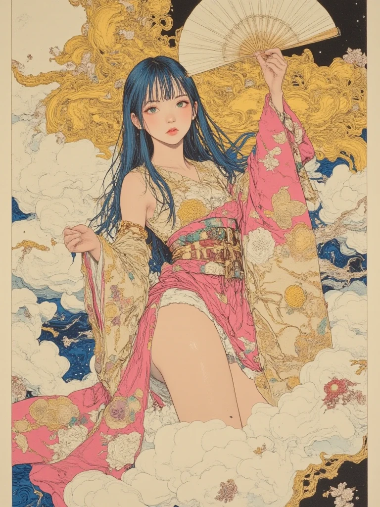 (masterpiece, Highest quality),Takato Yamamoto Style、Mucha style、Art Deco、Mandala、Tangled、Fractal Art、twist、Vibrant colors,colorful, Highest quality, Amazing details, Anatomically correct, Line art, ((Solo Girl))、(Pussy), (tits),(Nipples), (Black Hair),(Thighs),(Big Breasts)、Perfect Style, (School long sleeve sailor uniform、Navy Blue Skirt)、Sit with your legs apart、squat、Showing off pussy、Open clothes,White socks、your、Browsing Caution, throw, simple background,Money_background,Mandala Art、Zentangle Art
