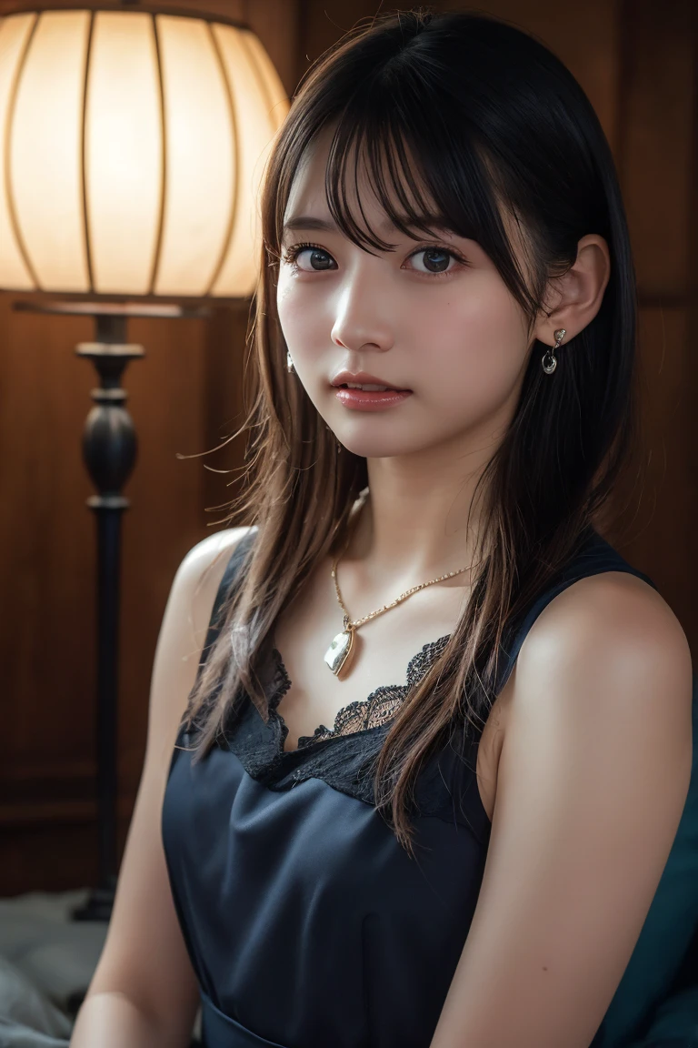 (Highest quality:1.4)，(masterpiece:1.4)，(Realistic:1.4)，(Realistic:1.2)，(超High resolution， RAW Photos:1.4)，(High resolution， Ultra-detailed:1.2)，(8k:1.2)，View your viewers，Cinematic photography，One girl，skeletally correct，Black-haired woman，Woman in her early 20s，(Small earrings，neckレス，Black dress，Ｖneck，No sleeve)，（Western-style building interior，Dimly lit room，The lamplight shines on my cheeks）