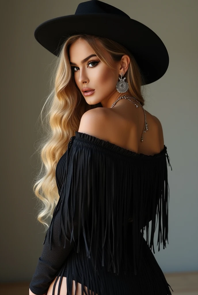 Gorgeous european woman with short hair, braided hair, wet hair, hair slicked back, combed straight back, slick hair, blonde gradient hair, dressed as a gypsy pirate, small pirate hat, jewelry, cleavage, glamour, solid dark grey background