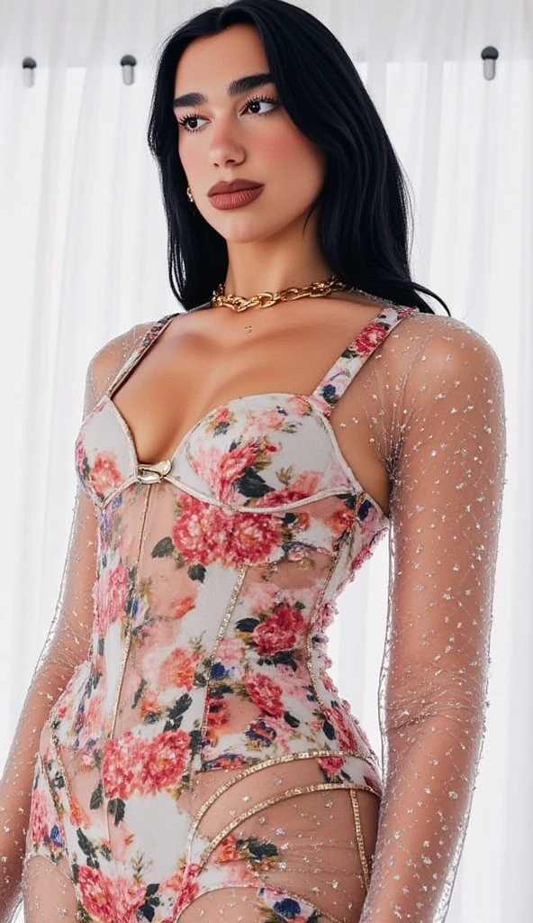 quality\((ultra high resolution)), ((An improvement of the most absurd quality:1.2)), ((photorealistic Realism 16K Quality)), vivid colors, (vivid colors, multicolor ((white, orange, ultraviolet, black)) in her outfit:1.32), (ultra-fine digital art\), ((Realistic eyes clear, sharp, absurd quality, not blurry brown_eyes:1.3)), (super detailed professional makeup on eyes:1.3), (highest quality texture skin), (Highly quality texture hair), (curly hair, ((slicked to the two side)), intricately details:1.3), (perfect proportions), (narrow waist), medium ass,beautiful cheekbones,slim belly:1.2,(slim-muscled body:1.22), (firm and full breasts), ((super details beautiful face)), (pink_makeup:1.3), blue_eyelashes, (glossy red_lipstick:1.21), (perfect dark_eyeshadows:1.45), (super detailed professional makeup on eyes:1.2)., BREAK, (microscopic street outfit:1.2), (minimalist provocative styling outfit:1.25), ((highly elaborate extravagant microscopic street outfit:1.3), (minimalist provocative styling:1.26)),\ White Dress, (silk tight Dolce&Gabbana. Floral dress:1.25), elegant fashion intricately detailed:1.33), floral couture, (clothes made of silk and printed flower), ((Wearing tight fitting dresses)), (black latex:1.28), ((latex bodysuit lace)), ((Intricate detailed multi-layer Dress lace with,\ [blue:flower] \and pink: fishnet:1.45)), ((white lace:1.22\)), BREAK, background\(((city night:1.4), (neon sign), ((night):1.2))). Cinematic Light, (octane rendering, ray tracing), (((photo from head to knee:1.37))), (Proportions are based on a 7.5 head scale). 