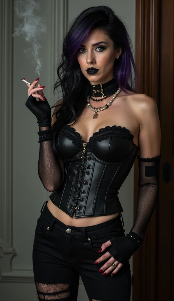 masterpiece, best quality, a woman long hair, fringe leather corset, black lipstick, tattoos, body full of tattoos shadowy castle background