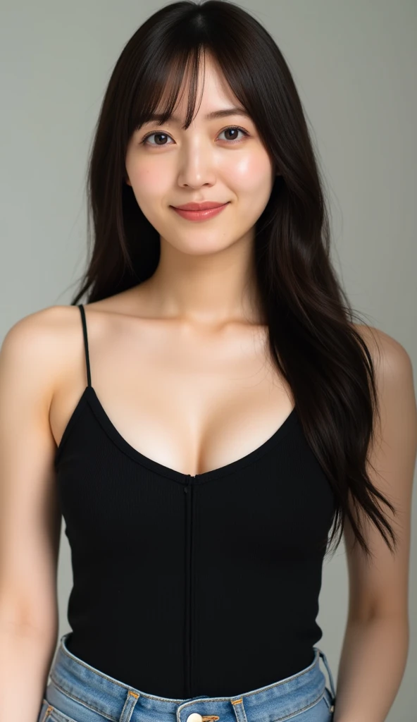 masterpiece, best quality, photorealistic, raw photo, 1girl, Black Long hair, Large breast, Black Muscle Shirt , light smile, detailed skin, pore, simple background, Upper-body, facing the viewer, close-up