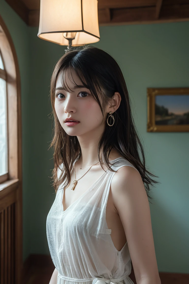 (Photoreal Stick:1.5, masutepiece:1.5, 8K), (top-quality, masterpiece, 超A high resolution), Perfect dynamic composition, Professional camera work:1.4, Highly detailed skin and facial texture:1.3, Mystical portrait:1.3, Grow Light Effect, The ultra-detailliert, 1girl in, ((Night view from inside the building, Pitch black room:0.8, The moonlight at night shines through the glass)), (v neck nightdress), Model body type, Clear face, (Beautiful and seductive eyes:0.8, Enraptured look:0.8, i love you completely:0.8), A mouthfeel that feels beautiful eros, Dark brown medium hair, the chest is medium, a necklace, (Leaning against the window, seductiv)
