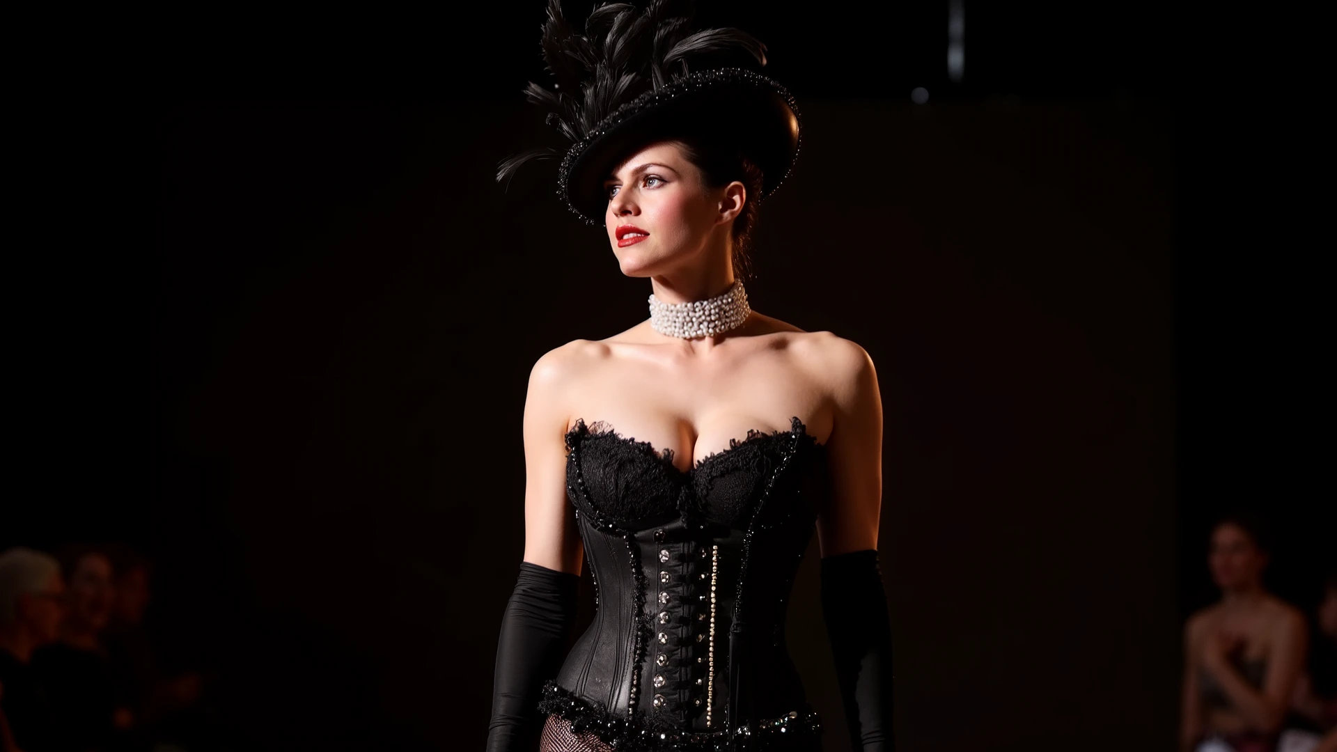 (Sharon del adel)), identical, Realistic lighting, 8k hdr, 24 anos, rosto perfeito e bem detalhado, no palco, segurando o microfone e cantando, she is wearing a detailed red corset, White bra, She is wearing a beautiful black pleated skirt that reaches mid-thigh., gothic black boots, no elastic to the panties, rosto bem definido, rosto perfeito, easy expression of strength when singing with a closed hand, image generated from head to toe, asymmetrical body.