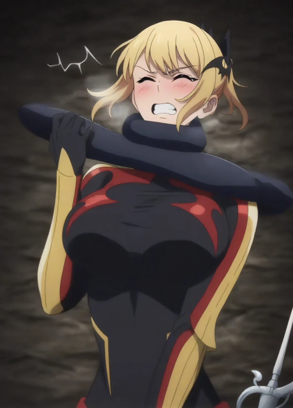 (absurdres, 8k, 4k, masterpiece, hyper extreme detailed:1.2), (masterpiece), best quality, expressive eyes, highres, perfect eyes, 1girl, perfect face, perfect hands, standing, belt, 1girl, blonde hair, eyepatch, perfect anatomy, eyepatch, long hair, platinum blonde hair, muscular, toned body, strong, empty eyes, blank stare, crazy face, crazy eyes, crazy smile, small, golden eyes, deadpan, expressionless, shaded face, messy hair, crazy hair, city background, heroic, half body, cowboy shot, night time, stars, night sky, wind, windy, , adult, maturclothing, cleavage, mexposed shoulders, crotch, exposed collarbone, nsfw, handcuffs, bondage, bdsm, boun, tape gaape, tape bon, restrained, tape wrapped,ag, bondage, taped wrists, taped breasts, taph