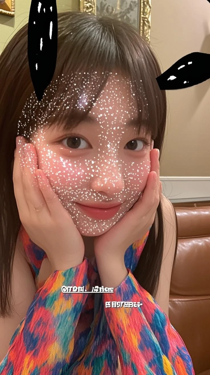 there is a woman with glitter on her face and a cat ears, glitter gif, face with artgram, instagram filter, tumblr, glittery, snapchat photo, gliter, glow filter, with instagram filters, dang my linh, beauty filter, foto realistic, with stars, (((((((no glow))))))), glitter, photo 3 d, photo 3d
