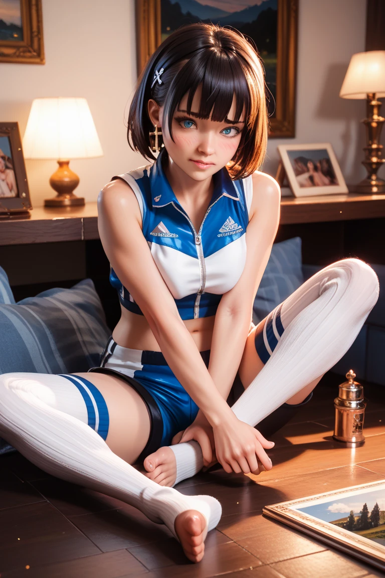 Female Athletes, ((masterpiece, Highest quality, Best image quality, High resolution, Realistic, RAW Photos, 8K)), ((非常に詳細な CG 統合 8K 壁紙)), (Huge and stunning goddess shot, Very hot and sexy, Incredible beauty, Perfect proportions, Beautiful body, Slim body beauty:1.4), Female Athletes on the track, スポーツブラを着用したFemale Athletes, (((High cut trunks))), shoes, Sweaty, White running sweatshirt, Outdoor, On a very hot day, Keep your hands on your hips、stand with feet apart, Look up at the sky, From behind, Amidst enthusiasm and cheers, With the right hands and fingers, Detailed skin and sweat、With bangs、(((Dynamic Fighting Pose)))、(Spread your legs:1.3)、Race number、School name on bib、Company name on bib,(((Looking straight at the camera)))、Blushing、(((Slender body)))