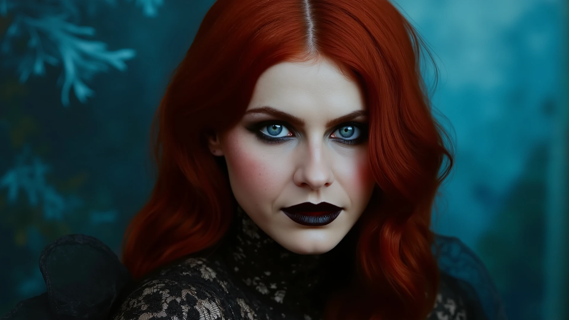 A captivating and alluring portrait of a mysterious woman with cascading red hair, with a secretly smile and winking, brilliantly rendered in Charlie Bowater's signature style. The artwork is bathed in a dark blue and black color palette, evoking an enigmatic and intriguing atmosphere reminiscent of Michael Garmash's enthralling comic art. The woman's mesmerizing dark green eyes are accentuated with striking black eyeliner, while her elegant black gown features intricate and elaborate details. The softly blurred background hints at an otherworldly and slightly surreal environment, inviting the viewer to further explore the painting's enthralling charm. This masterpiece gracefully combines elements of illustration, fashion, photography, and painting, resulting in a truly cinematic experience., fashion, illustration, cinematic, painting, photo, dark fantasy world., 3d render, dark fantasy, cinematic, photo