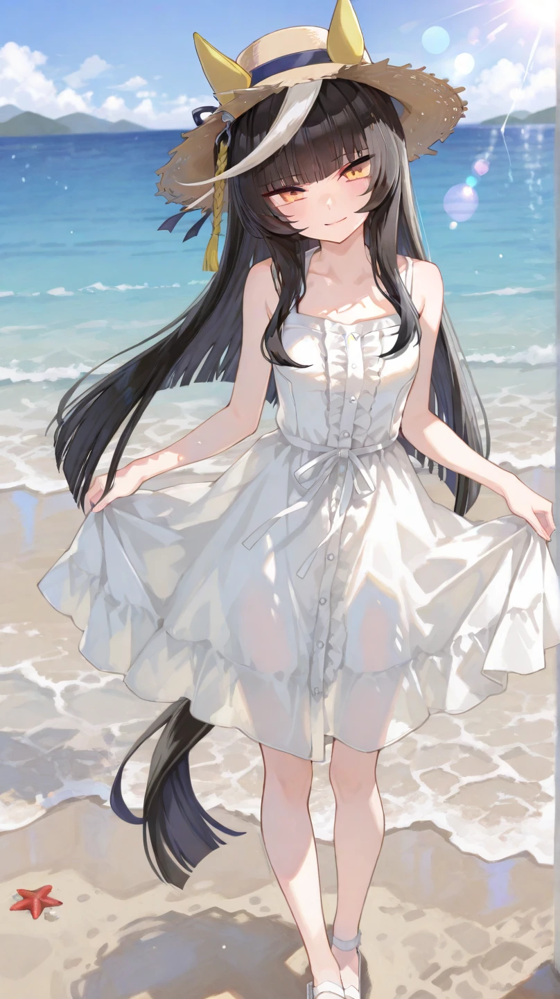 highest quality、realistic、Japanese、girl、whole body、look at the camera、cute、Green eyes、long hair、black hair、all back、Forehead is coming out、sleeveless dress、seaside、straw hat、blown by the wind、joy、smilingly