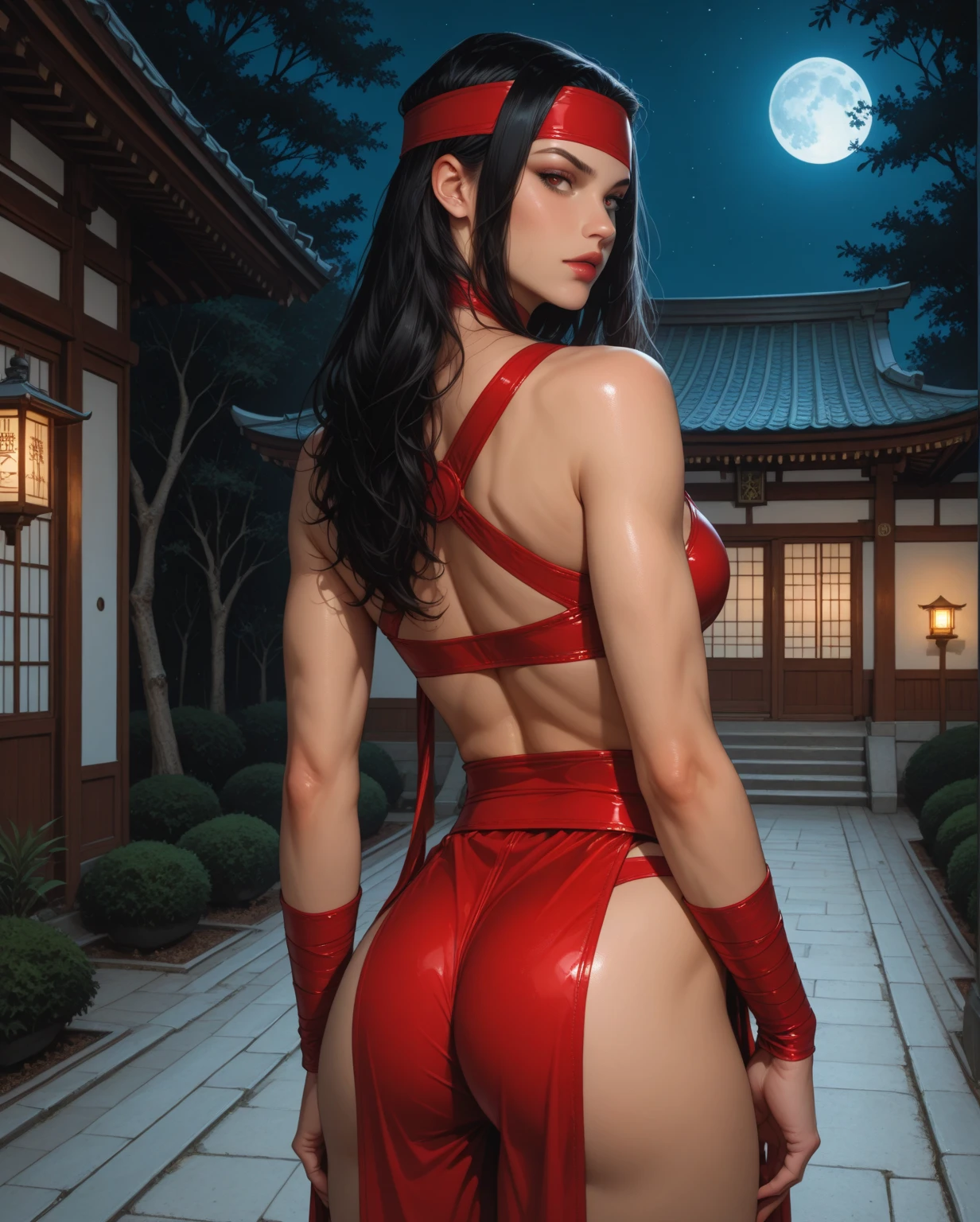 Create a red rosebud on a shiny black latex suit and create a beautiful snake tattoo with the name Silky made of red neon