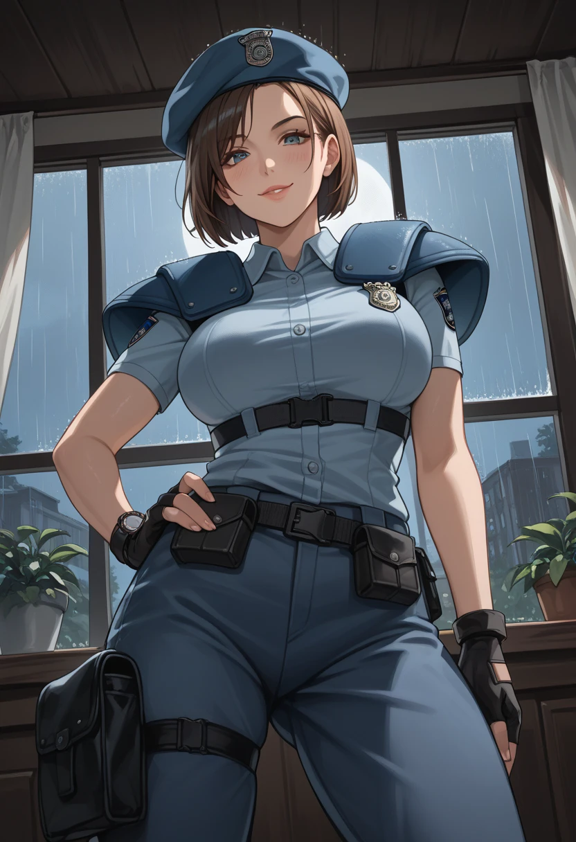 Close-up of a policewoman in a police uniform posing for a photo, Short black hair, Light blue shirt, blackminiskirt, Jumpsuits, Black boots, Busty, Sexy girl, Jaw-dropping beauty, with beautiful exotic, cleavage, Very sexy, Looks hot, jaw-droppingly beautiful, Sexy look, beautiful upper body, Attractive body, Clothing that exposes, thicc, Large bust, With large breasts, sie boob, really large bust, huge tit, Ruddy cheeks, perspire, Soak the whole body in milk, A look of shame, Standing in a dimly lit iron cell