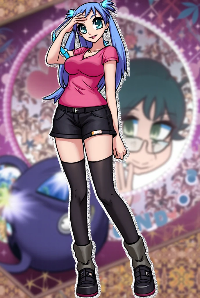 (masterpiece), (best quality), zala_onepiece, 1girl, solo, long hair, breasts, smile, large breasts, curly hair, hat, cleavage, medium breasts, green eyes, blue hair, glasses, hand on hip, tank top, lipstick