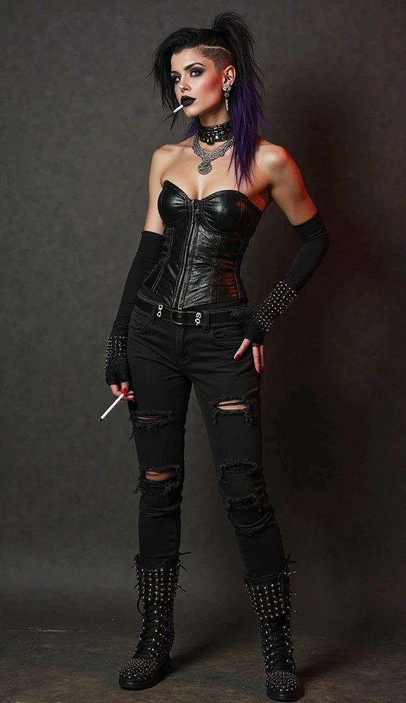 ((fashion photography)), perfect face, perfect eyes, (medium full shot) of (esthetic punk) young woman, mexican, brown eyes, medium skin tone, curvy, wearing a black leather corset,torn skinny jeans,lace-up combat boots, deep shade of forest green hair sleek undercut, labret piercing, smudged eyeliner,spiked bracelets, set in a grungy basement venue, accessed through a narrow staircase hidden behind an unassuming door, The low ceiling and cramped quarters create an intimate setting for punk performances, where the music reverberates off the walls and shakes the floorboards, at night, laughing, jumping in the air, masterpiece, best quality, photorealistic, very aesthetic